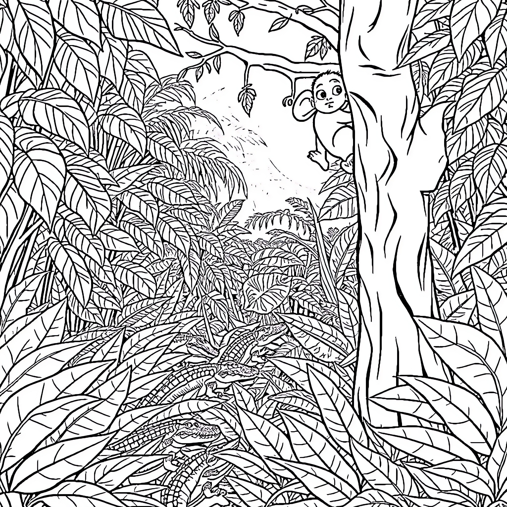 Monkey peeking through lush jungle foliage Coloring Page (free black-and-white line drawing printable PDF for all, from beginners to advanced learners, including children, teens, adults, and seniors)