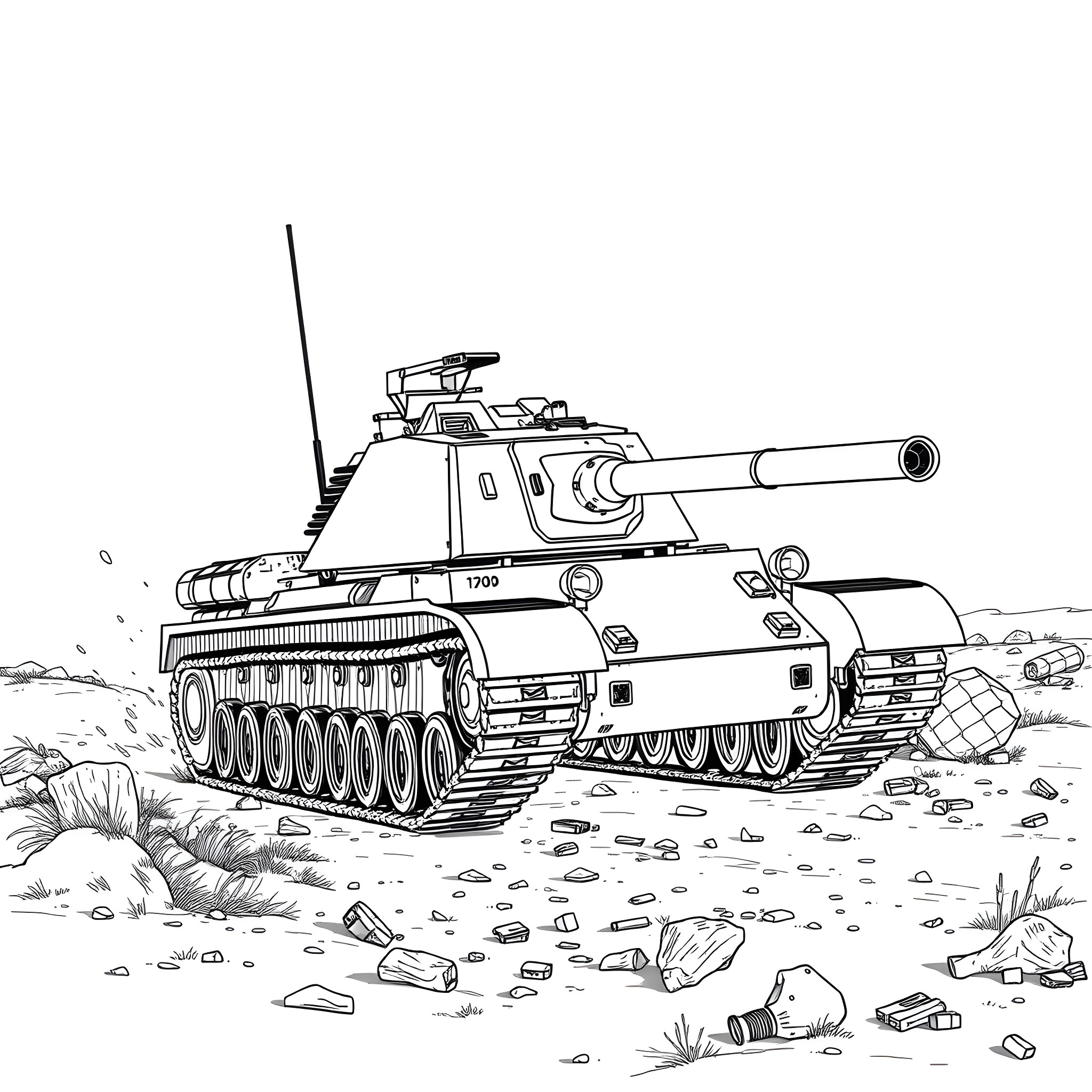 A7V Tank on the Battlefield Coloring Page (free black-and-white line drawing printable PDF for all, from beginners to advanced learners, including children, teens, adults, and seniors)