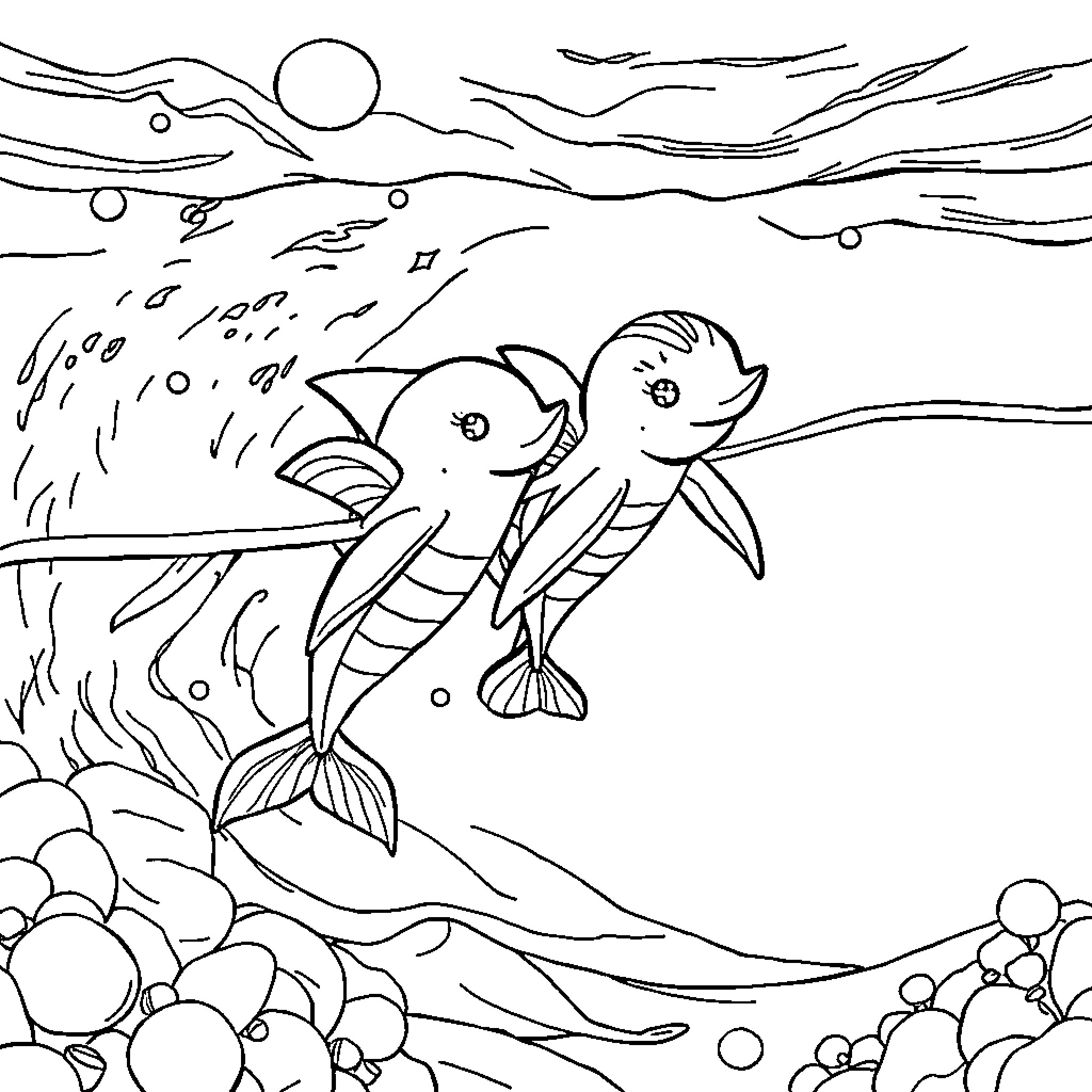Mermaid fish swimming in the underwater ocean Coloring Page (free black-and-white line drawing printable PDF for all, from beginners to advanced learners, including children, teens, adults, and seniors)