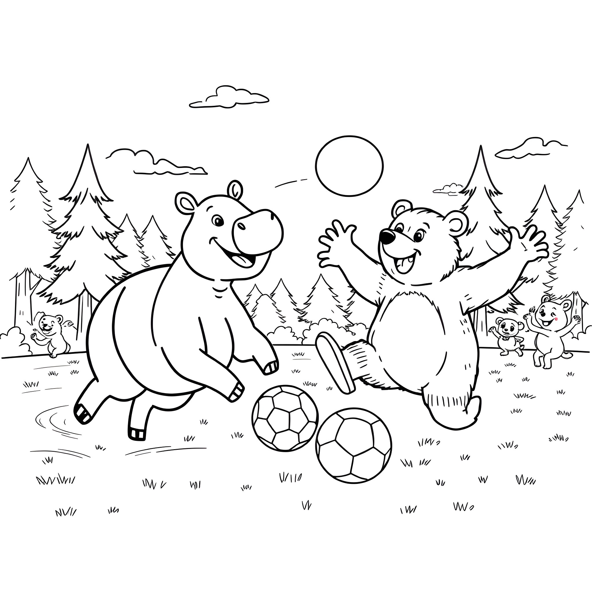 Tapir bears playing with soccer balls in the forest Coloring Page (free black-and-white line drawing printable PDF for all, from beginners to advanced learners, including children, teens, adults, and seniors)