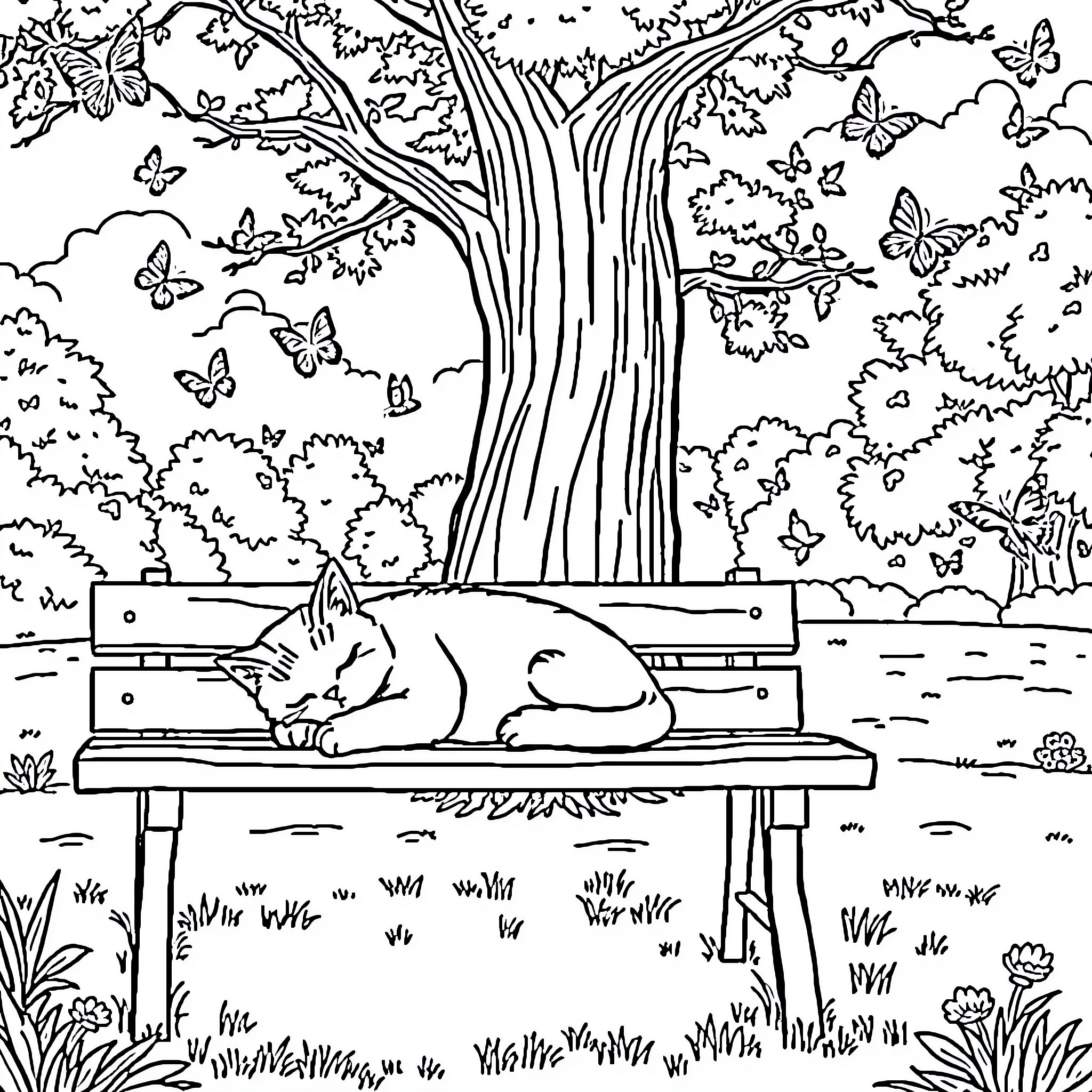 Cat resting peacefully on a bench Coloring Page (free black-and-white line drawing printable PDF for all, from beginners to advanced learners, including children, teens, adults, and seniors)