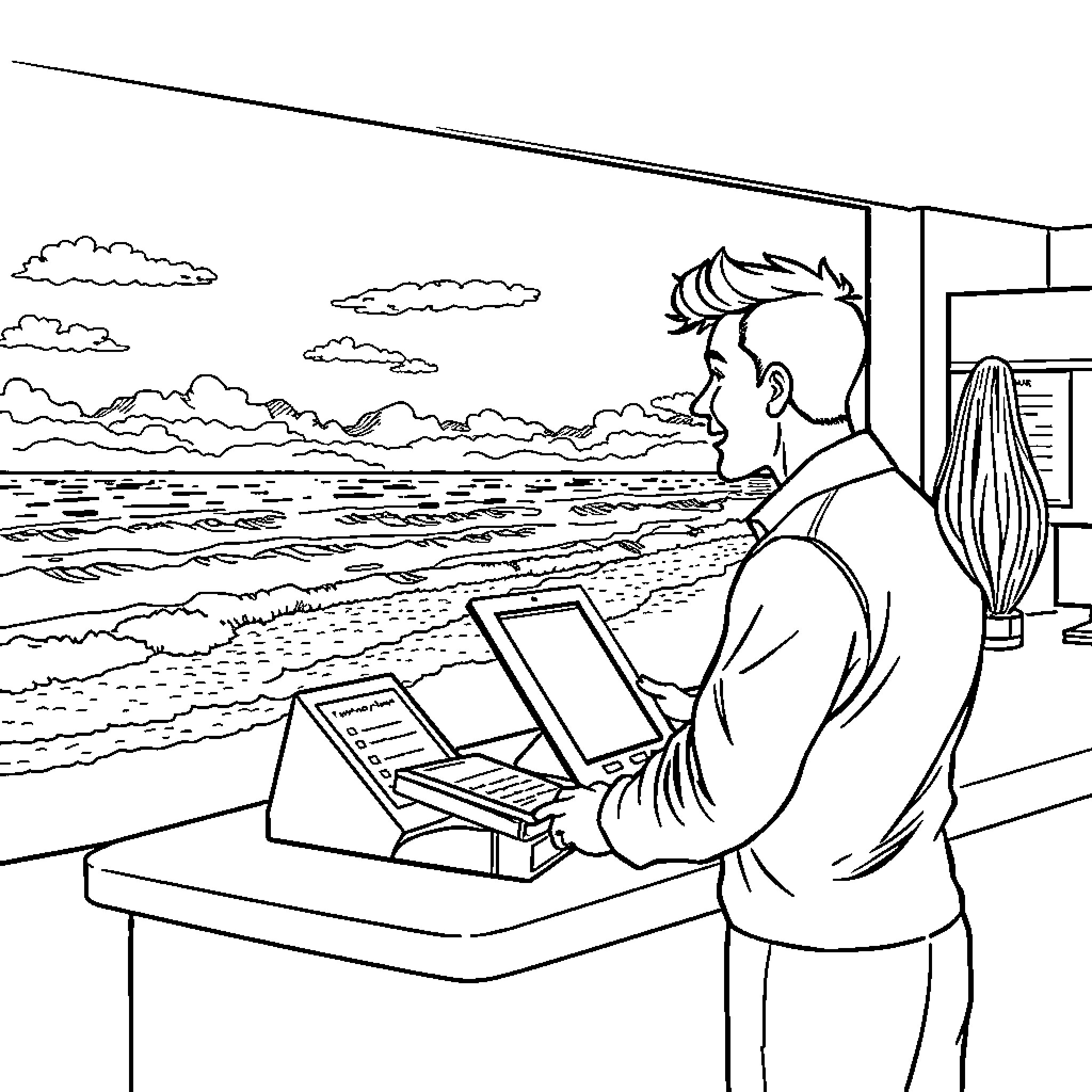 Employee working diligently with a laptop by the window Coloring Page (free black-and-white line drawing printable PDF for all, from beginners to advanced learners, including children, teens, adults, and seniors)