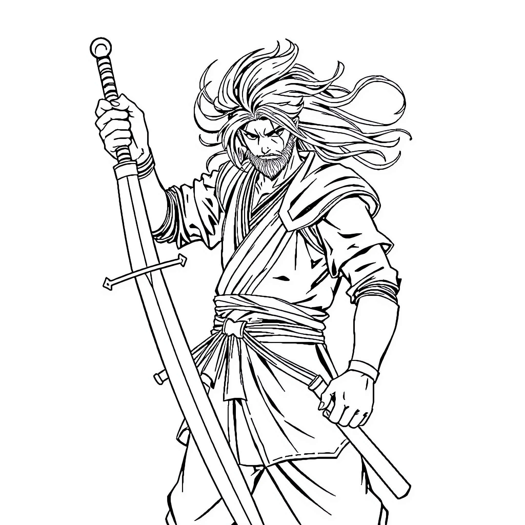 Sanemi, the Fearless Warrior with Sword Coloring Page (free black-and-white line drawing printable PDF for all, from beginners to advanced learners, including children, teens, adults, and seniors)