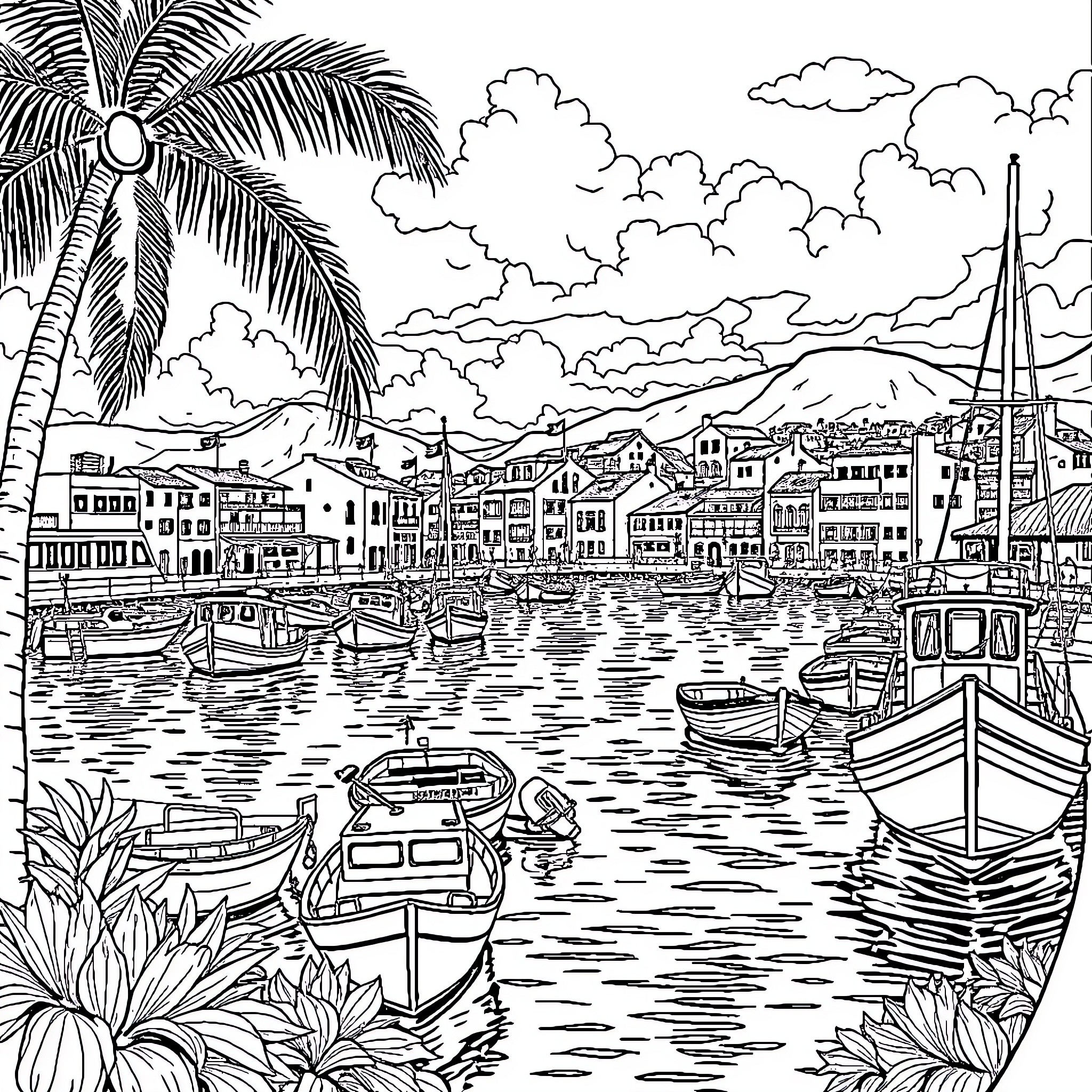 Puerto Cortes: Bustling Harbor Scene with Boats and Buildings Coloring Page (free black-and-white line drawing printable PDF for all, from beginners to advanced learners, including children, teens, adults, and seniors)