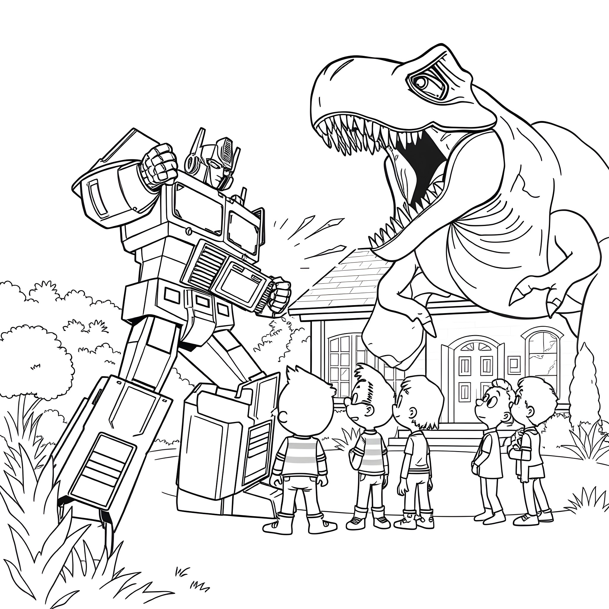 Optimus Prime protects children from giant dinosaur Coloring Page (free black-and-white line drawing printable PDF for all, from beginners to advanced learners, including children, teens, adults, and seniors)