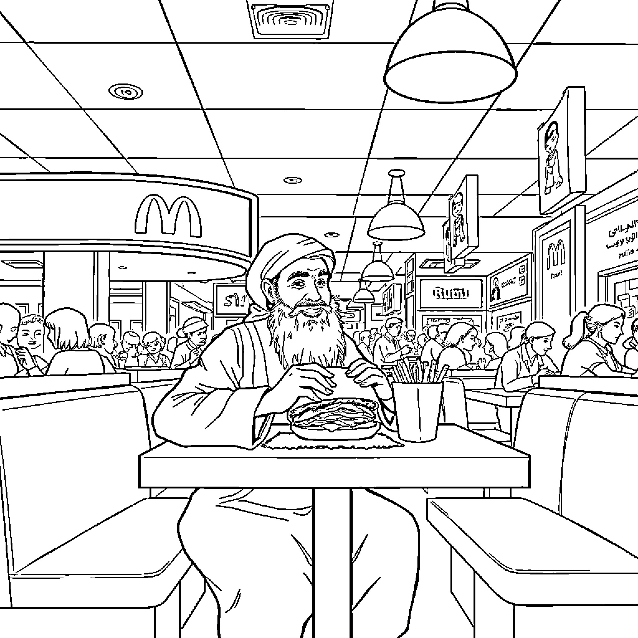 Rumi enjoys a meal in a bustling fast-food establishment Coloring Page (free black-and-white line drawing printable PDF for all, from beginners to advanced learners, including children, teens, adults, and seniors)