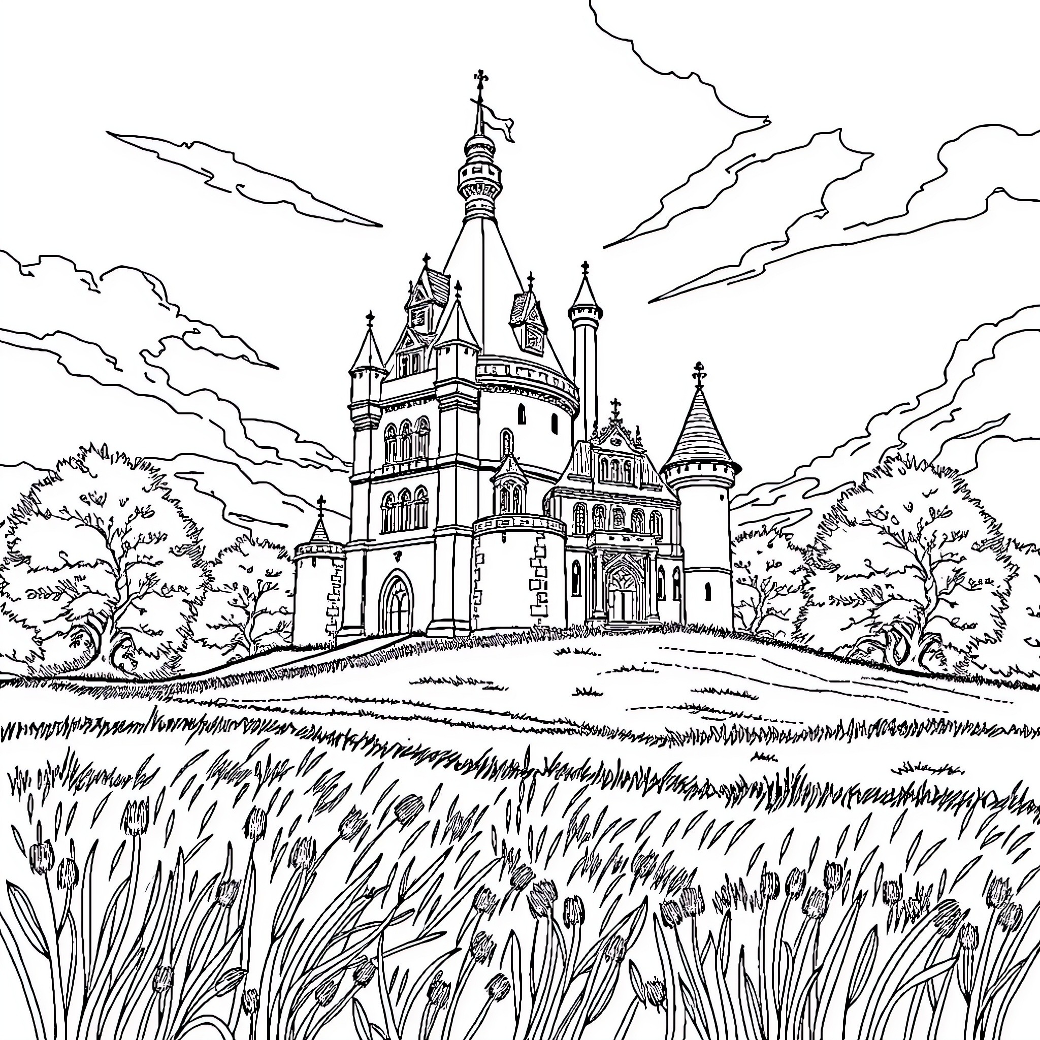 Château of a Majestic Castle in Tranquil Landscape Coloring Page (free black-and-white line drawing printable PDF for all, from beginners to advanced learners, including children, teens, adults, and seniors)
