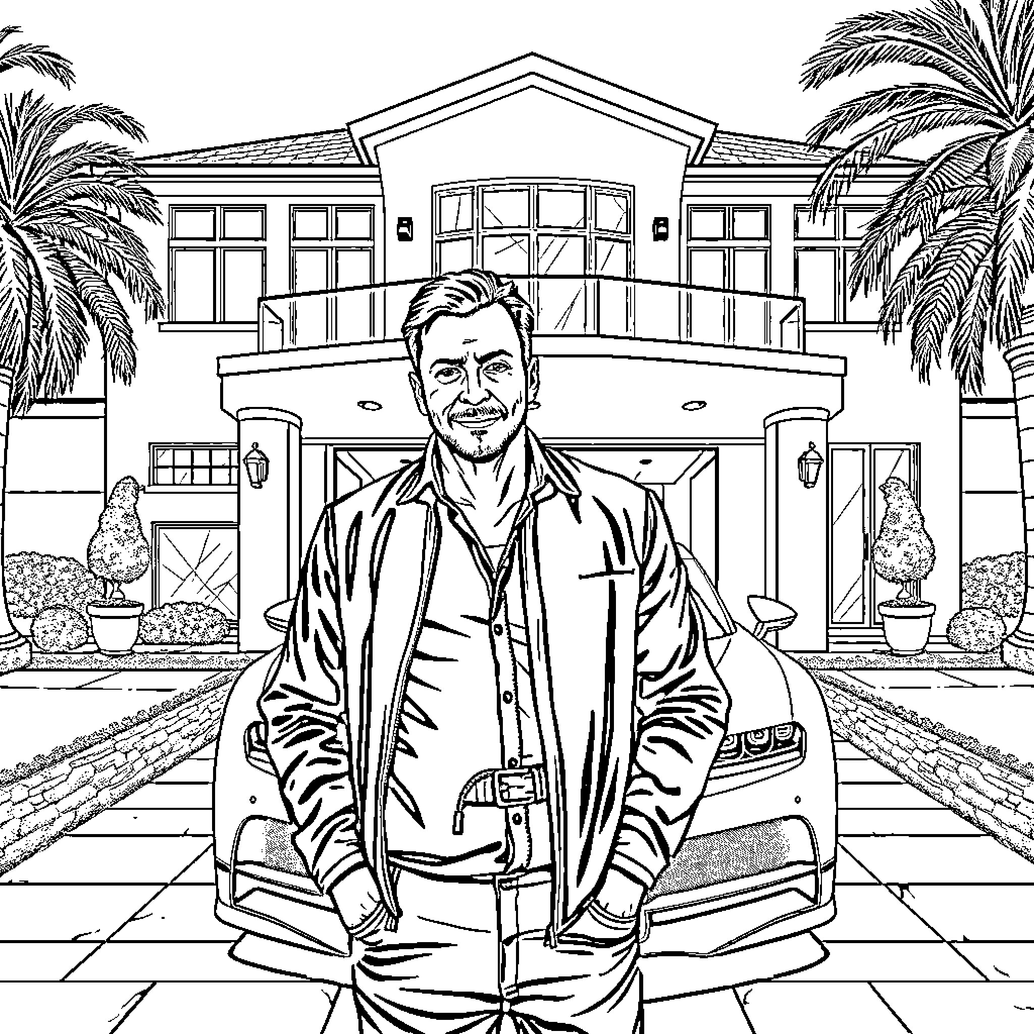 Mann smiling in front of luxurious villa Coloring Page (free black-and-white line drawing printable PDF for all, from beginners to advanced learners, including children, teens, adults, and seniors)