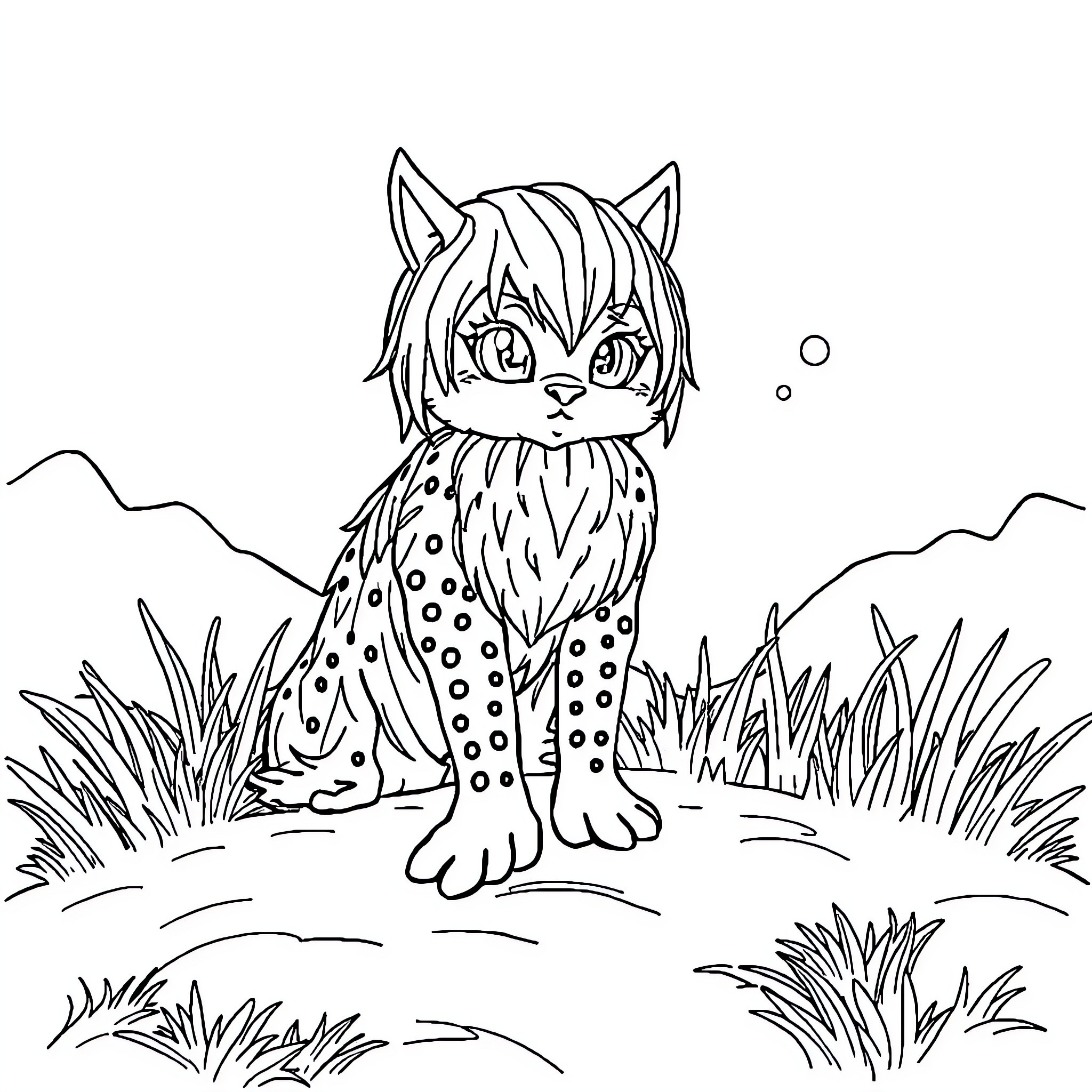 Image of a spotted kitten in a grassy field Coloring Page (free black-and-white line drawing printable PDF for all, from beginners to advanced learners, including children, teens, adults, and seniors)