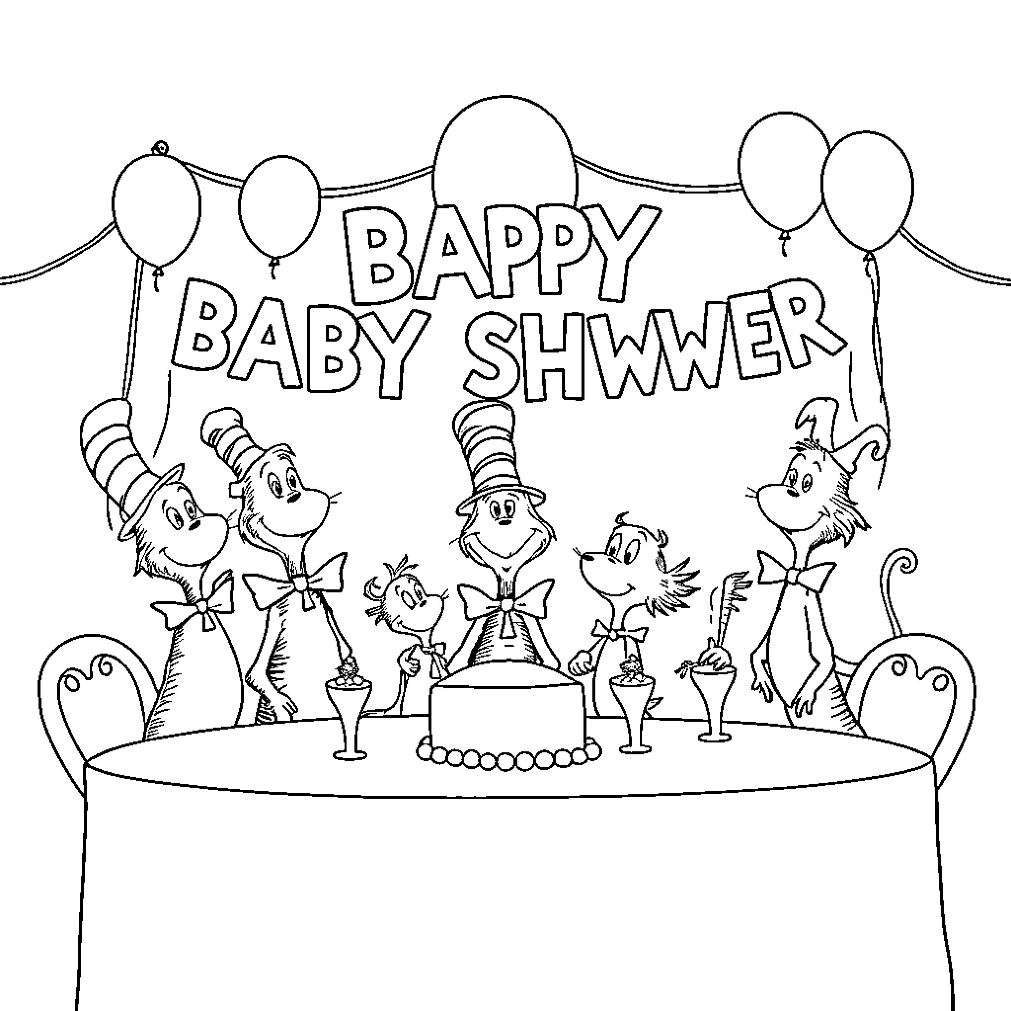 Dr. Seuss-inspired characters celebrate a baby shower Coloring Page (free black-and-white line drawing printable PDF for all, from beginners to advanced learners, including children, teens, adults, and seniors)