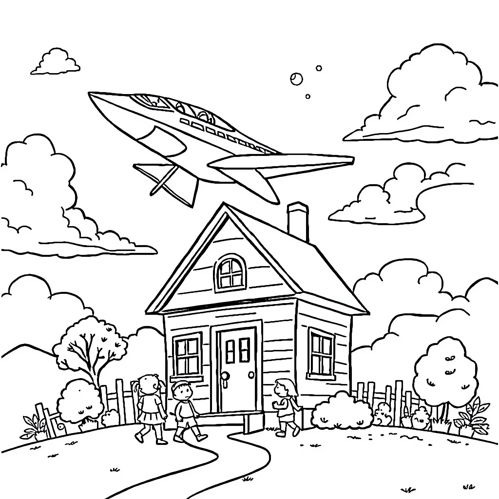 Jet soaring over a suburban neighborhood Coloring Page (free black-and-white line drawing printable PDF for all, from beginners to advanced learners, including children, teens, adults, and seniors)
