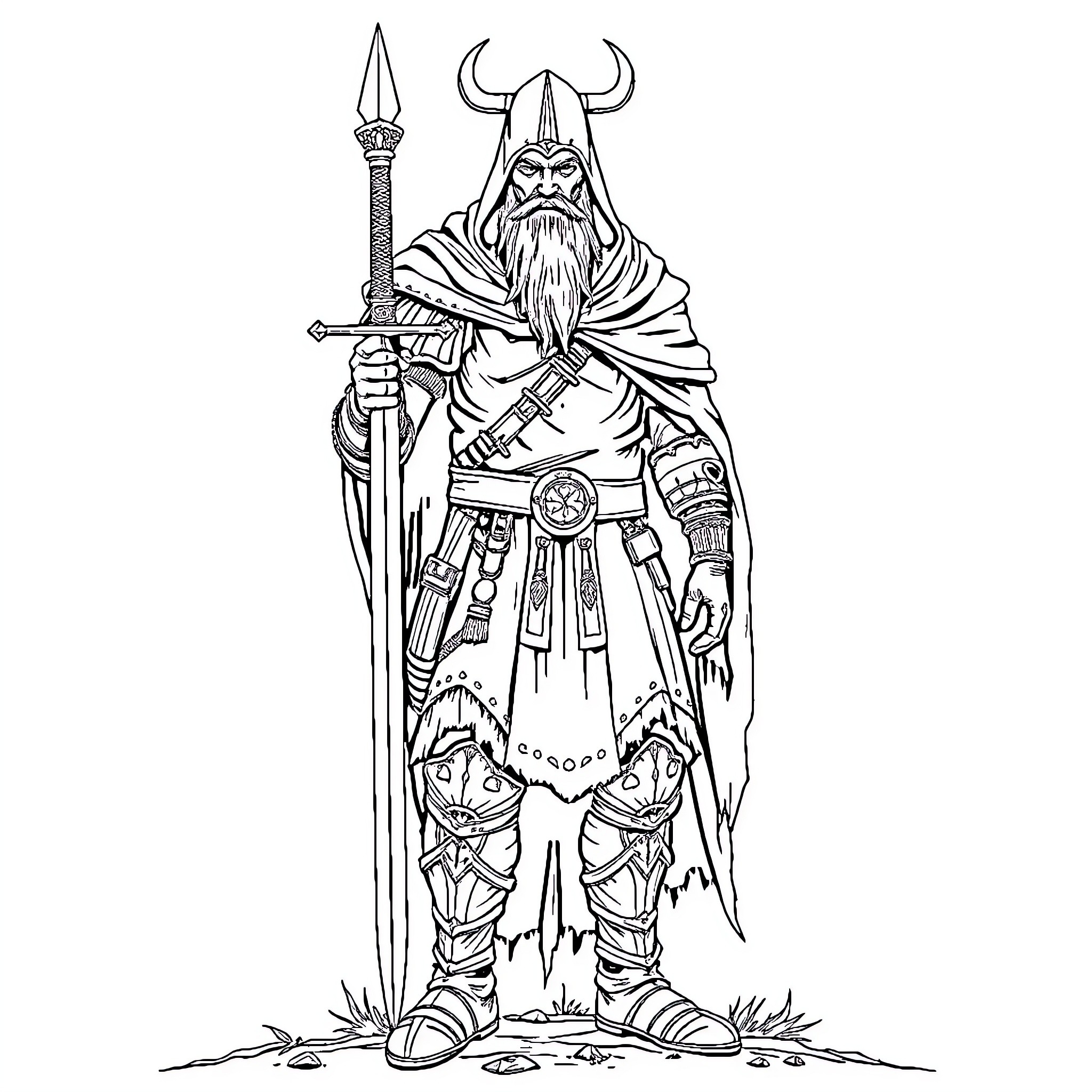 Viking Warrior Standing Tall with Sword and Horned Helmet Coloring Page (free black-and-white line drawing printable PDF for all, from beginners to advanced learners, including children, teens, adults, and seniors)