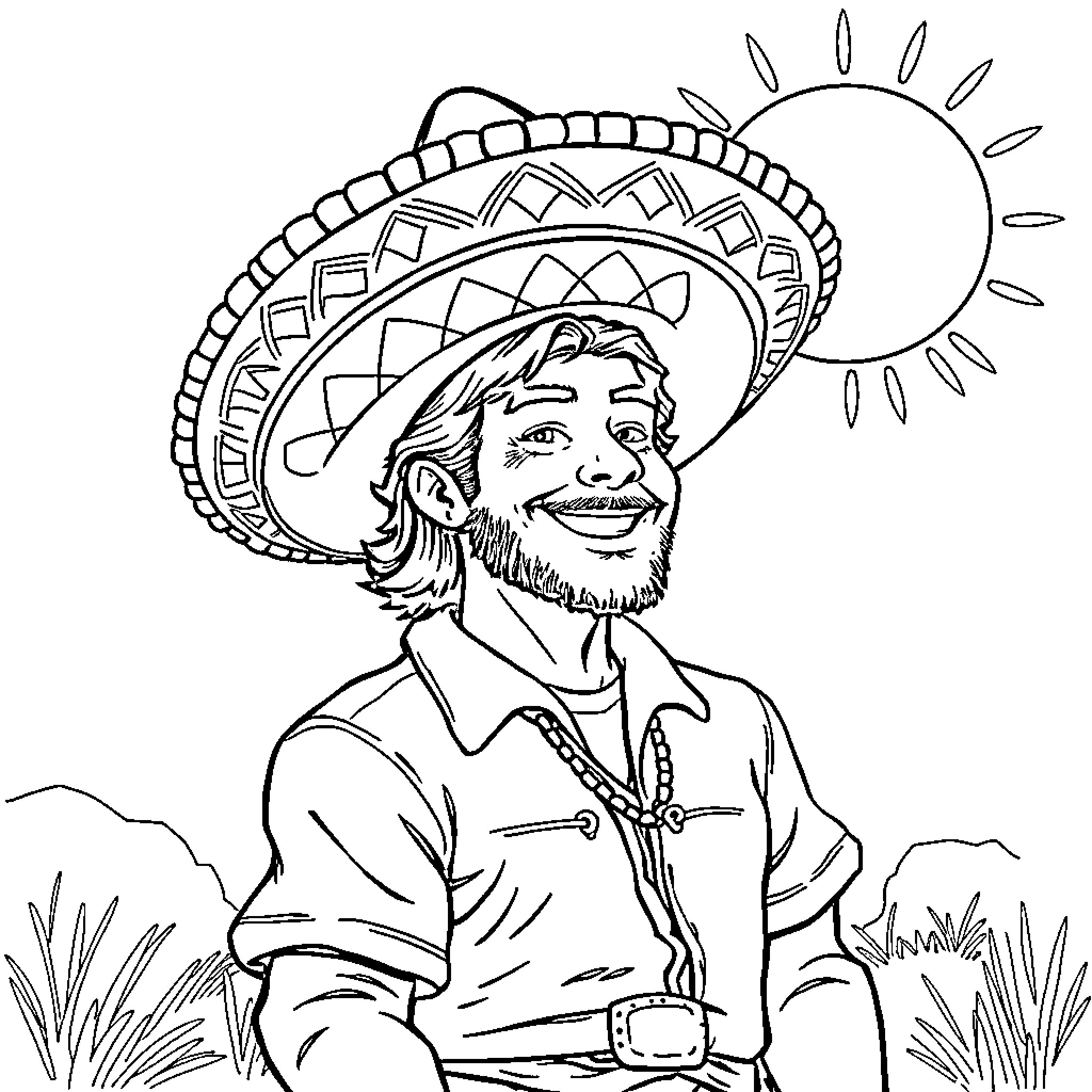 Bucky Barnes enjoying a sunny day in a sombrero Coloring Page (free black-and-white line drawing printable PDF for all, from beginners to advanced learners, including children, teens, adults, and seniors)