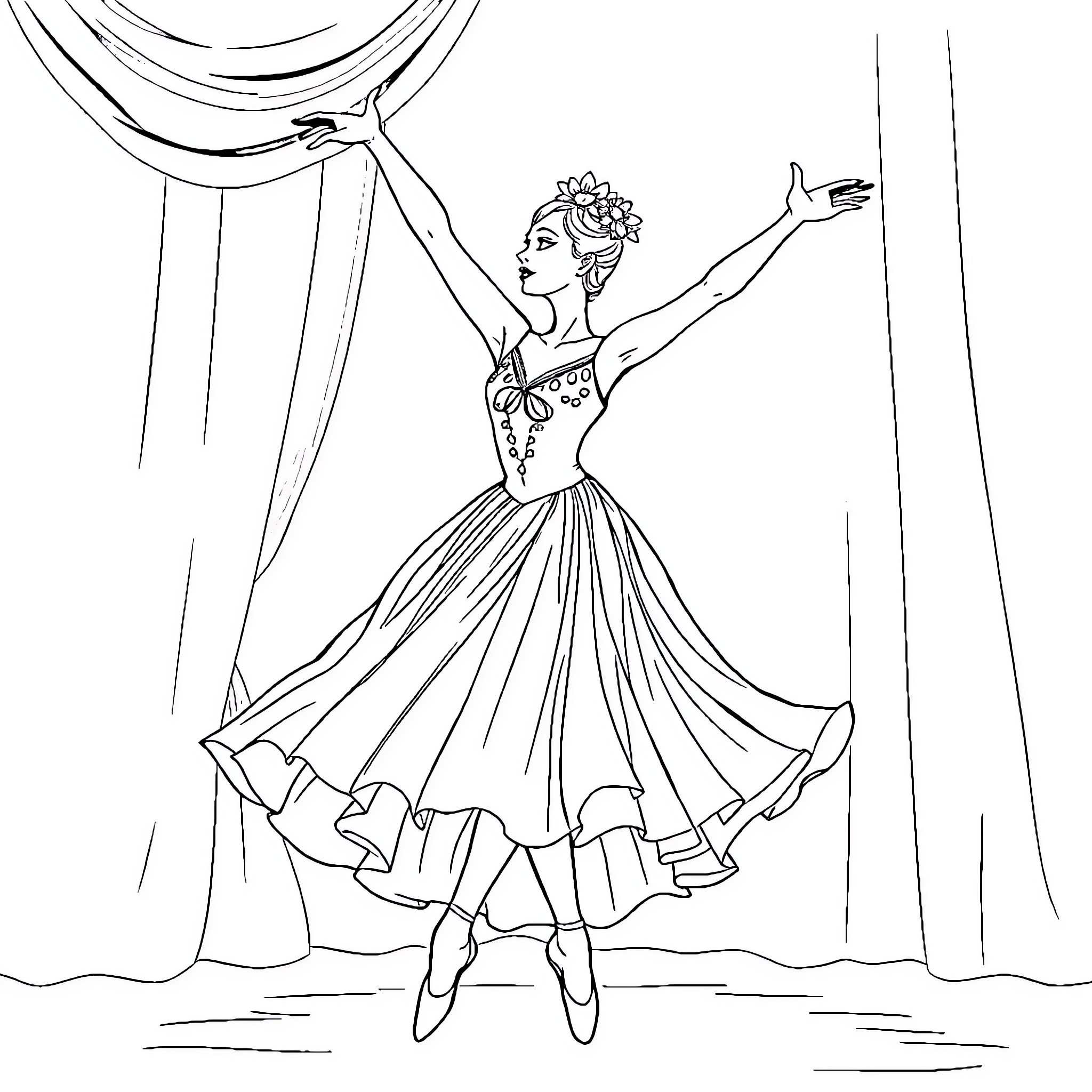 Ballerina in graceful dance pose on stage Coloring Page (free black-and-white line drawing printable PDF for all, from beginners to advanced learners, including children, teens, adults, and seniors)