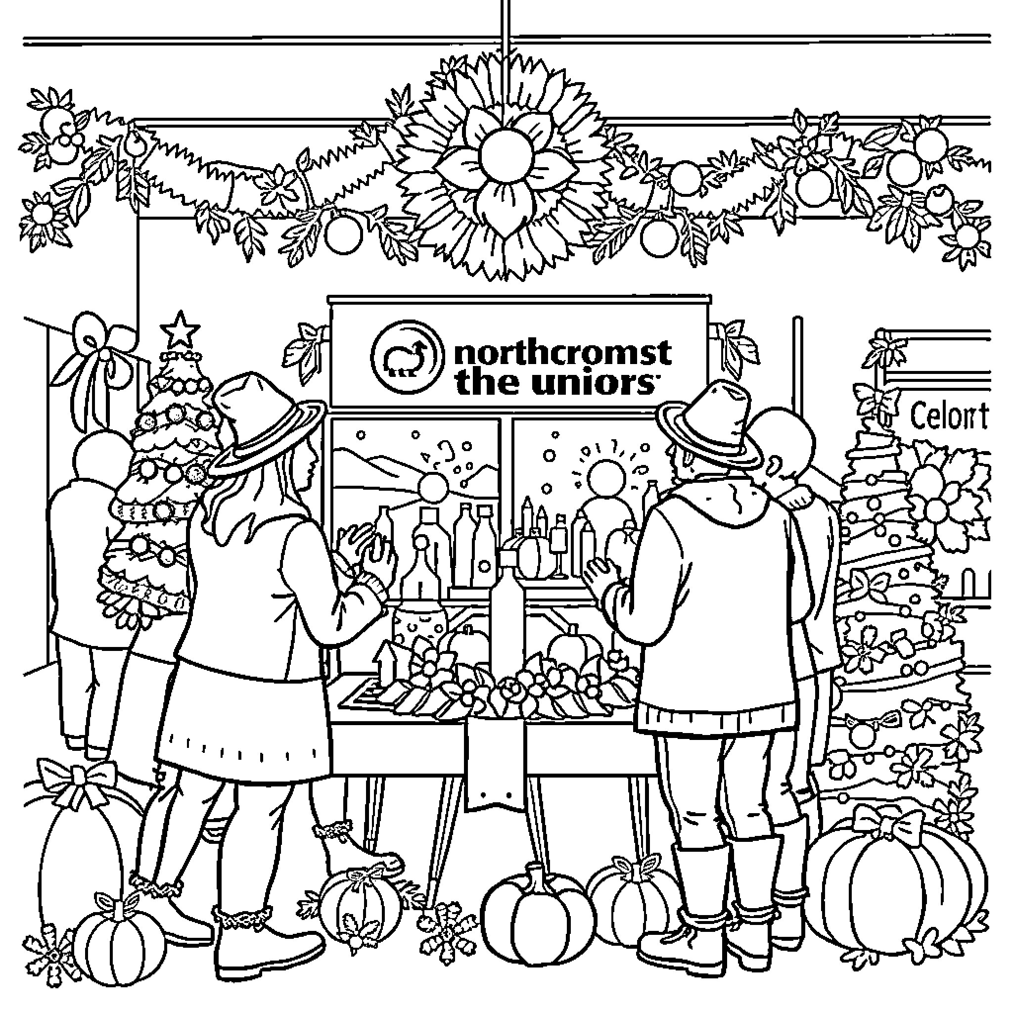 Thanksgiving Celebration at the Local Union Hall Coloring Page (free black-and-white line drawing printable PDF for all, from beginners to advanced learners, including children, teens, adults, and seniors)
