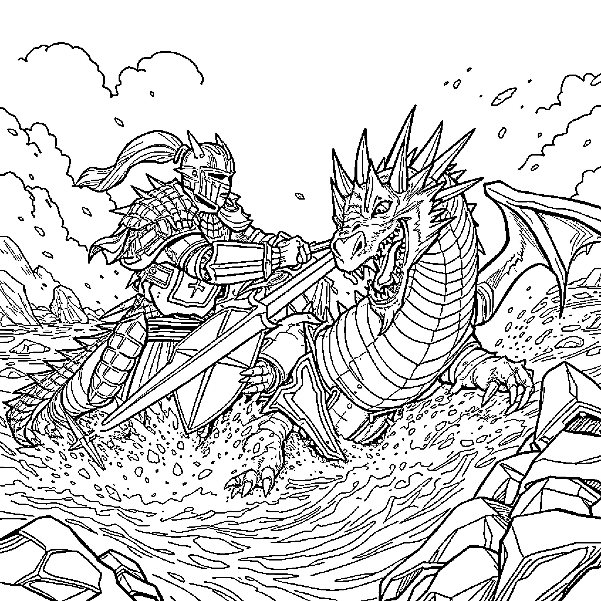 Knight battling a fierce dragon in a fantasy landscape Coloring Page (free black-and-white line drawing printable PDF for all, from beginners to advanced learners, including children, teens, adults, and seniors)