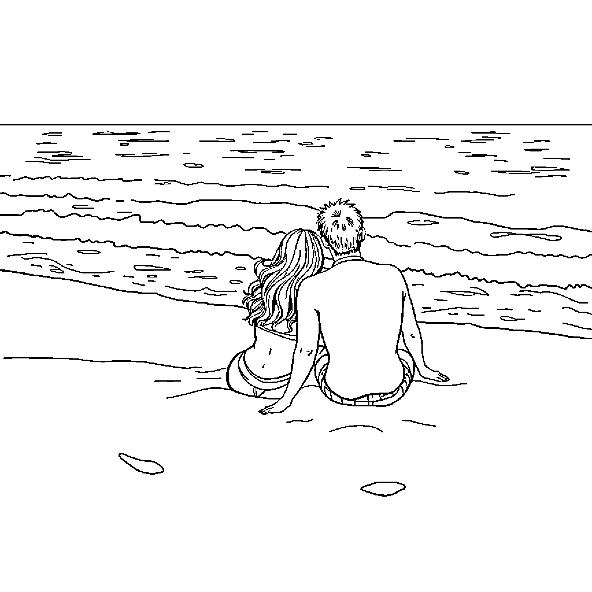 Woman and Man Enjoying Tranquil Beach Scene Coloring Page (free black-and-white line drawing printable PDF for all, from beginners to advanced learners, including children, teens, adults, and seniors)