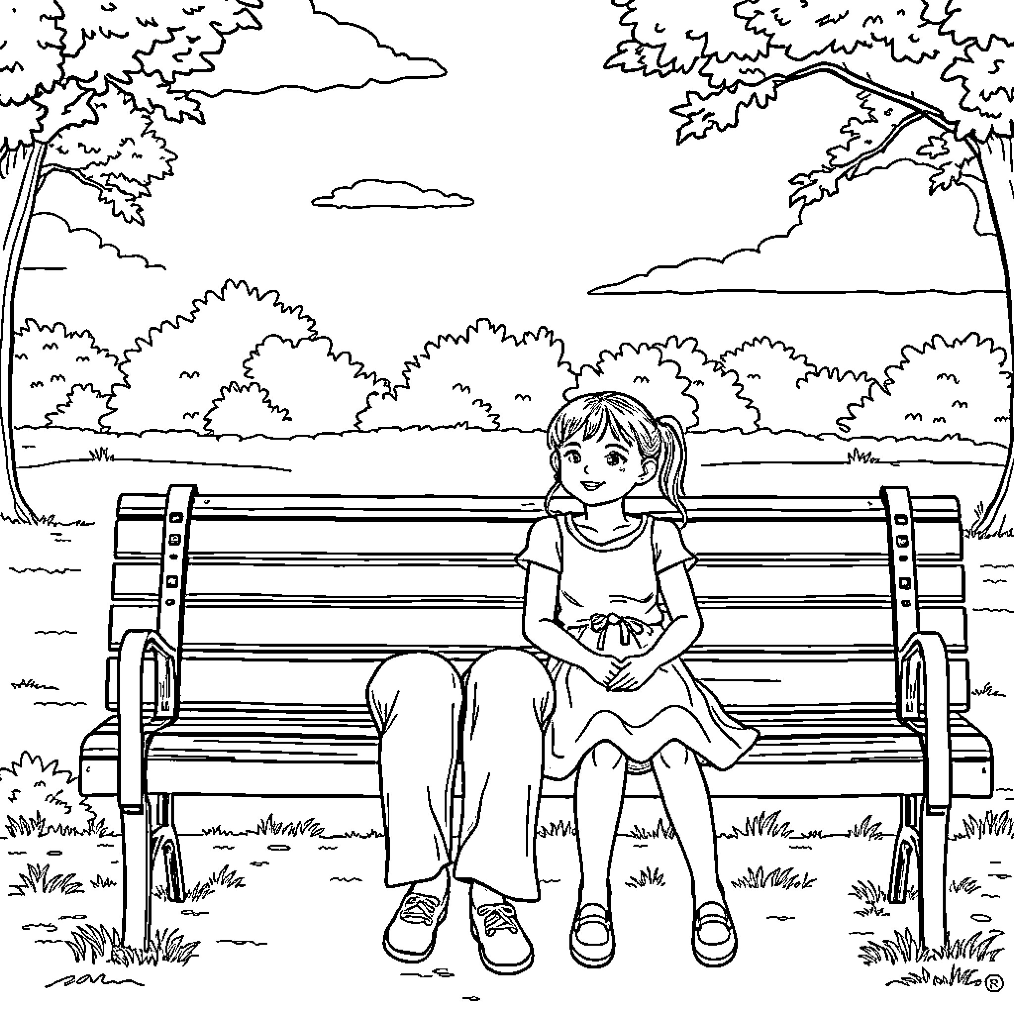 Mom enjoying a peaceful day outdoors on a bench Coloring Page (free black-and-white line drawing printable PDF for all, from beginners to advanced learners, including children, teens, adults, and seniors)