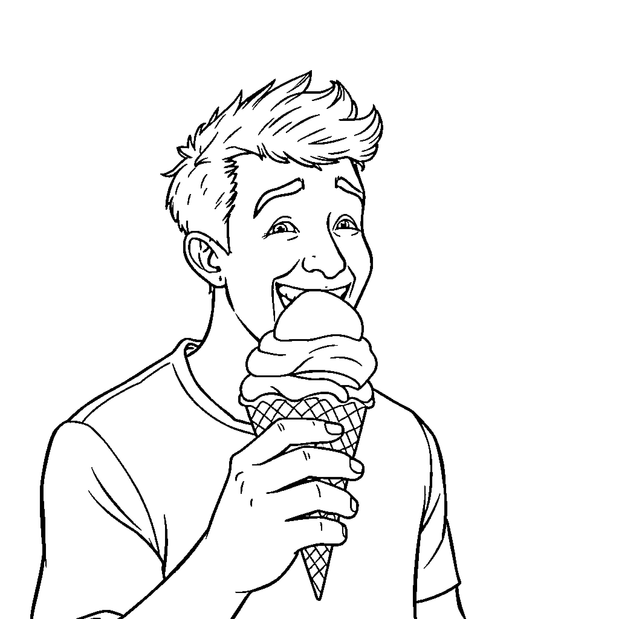 Ice Cream Delight: A Man Joyfully Enjoying His Treat Coloring Page (free black-and-white line drawing printable PDF for all, from beginners to advanced learners, including children, teens, adults, and seniors)