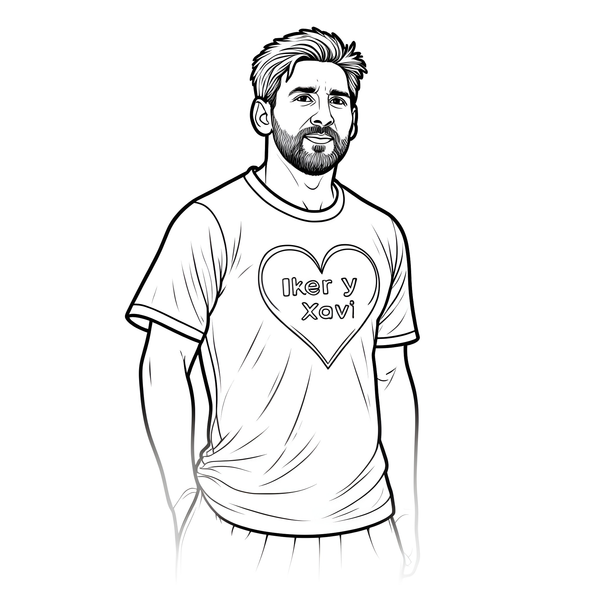 Lionel Messi wearing a heart-shaped shirt with text Coloring Page (free black-and-white line drawing printable PDF for all, from beginners to advanced learners, including children, teens, adults, and seniors)