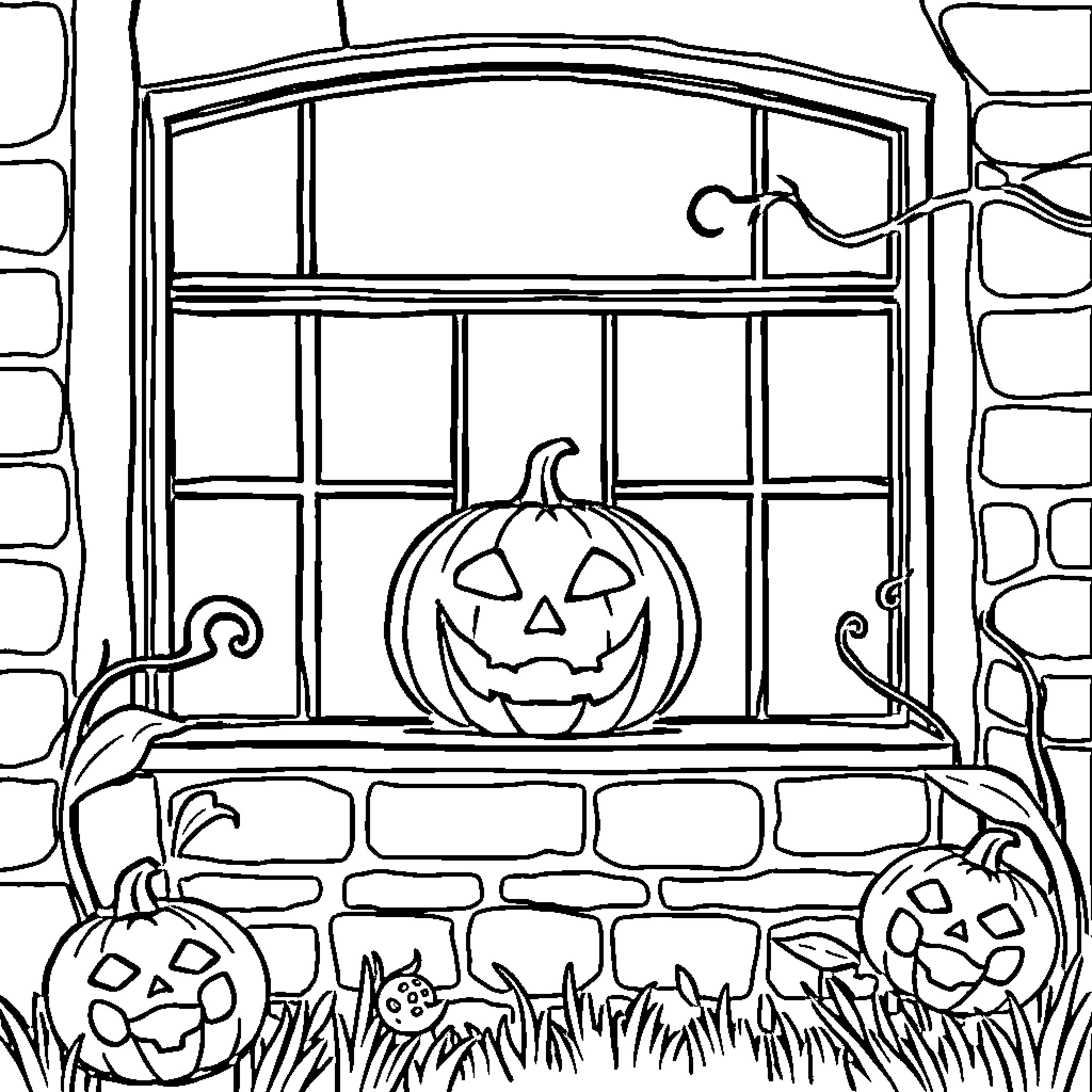 Jack-o'-lanterns decorating a spooky window Coloring Page (free black-and-white line drawing printable PDF for all, from beginners to advanced learners, including children, teens, adults, and seniors)