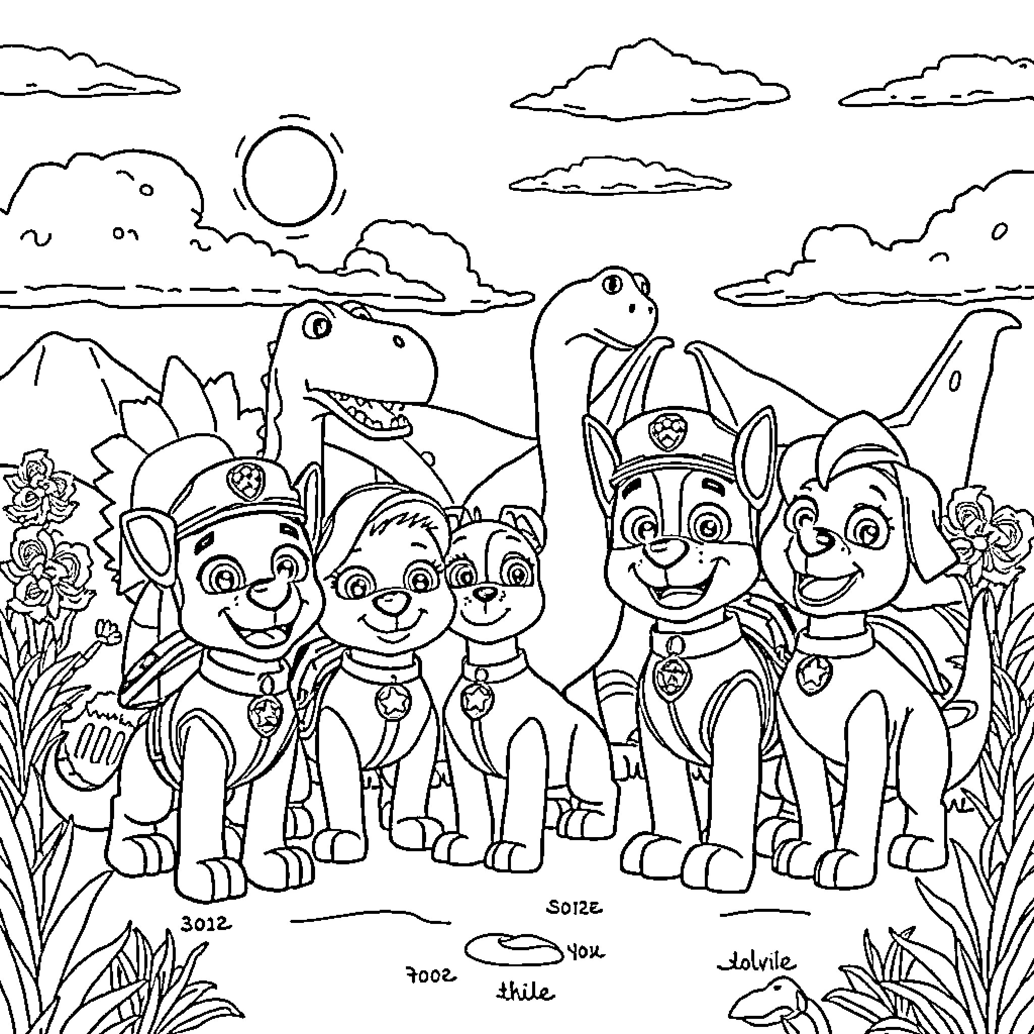 Paw Patrol Characters in Nature Adventure Coloring Page (free black-and-white line drawing printable PDF for all, from beginners to advanced learners, including children, teens, adults, and seniors)