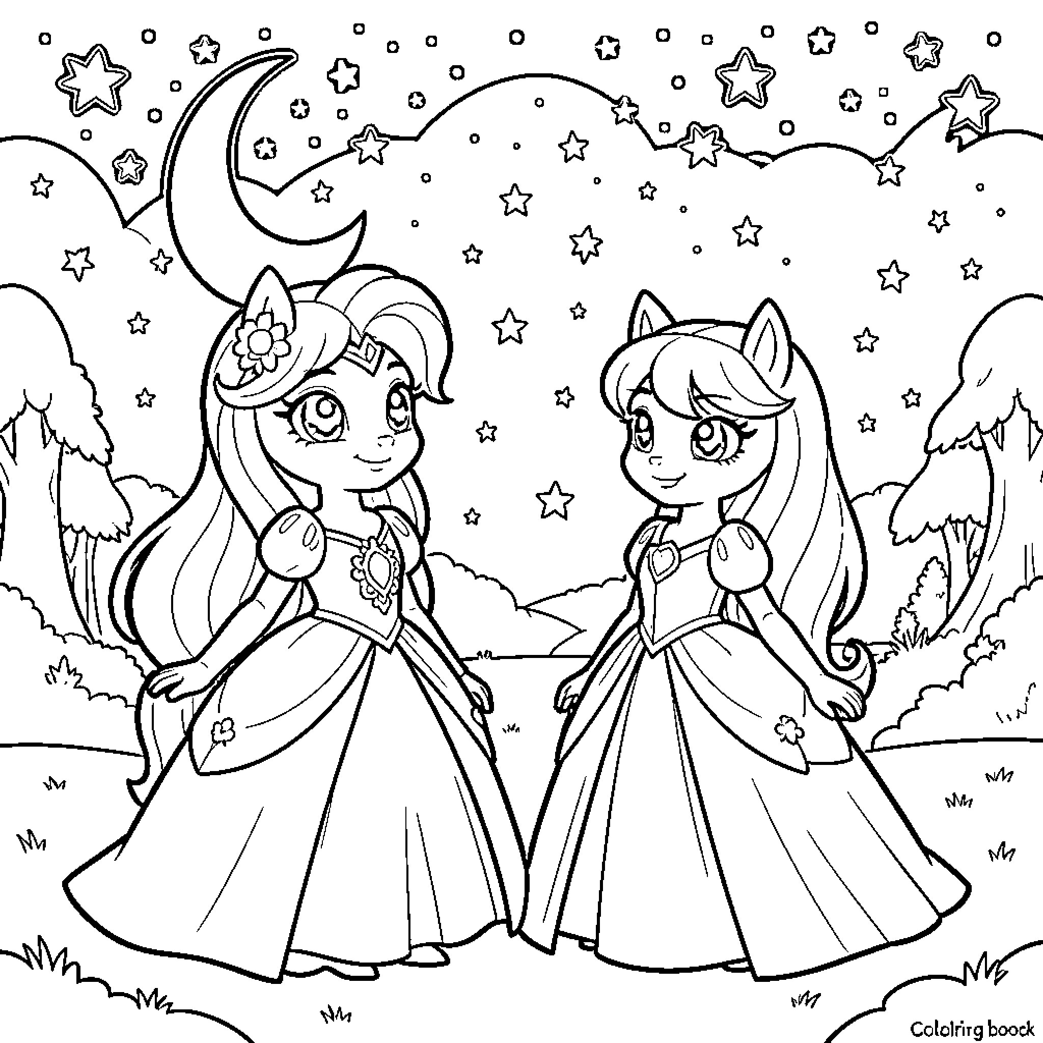 Twilight Sparkle and Princess Celestia in Starry Nighttime Attire Coloring Page (free black-and-white line drawing printable PDF for all, from beginners to advanced learners, including children, teens, adults, and seniors)