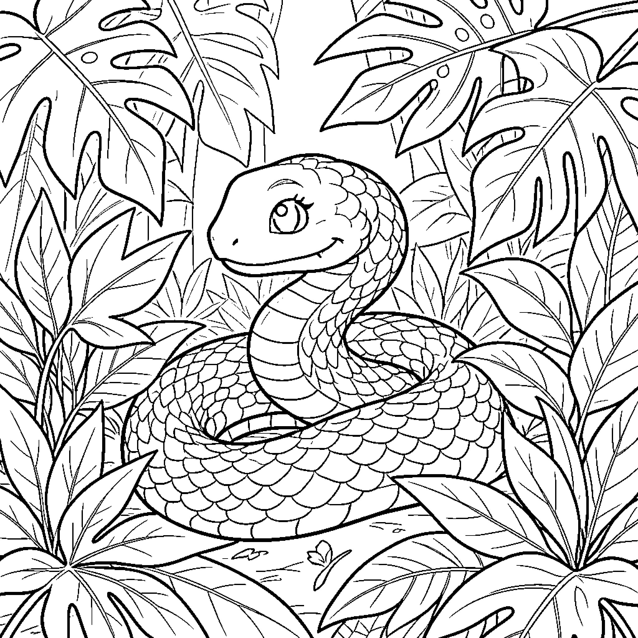 Snake coiling in lush jungle foliage Coloring Page (free black-and-white line drawing printable PDF for all, from beginners to advanced learners, including children, teens, adults, and seniors)