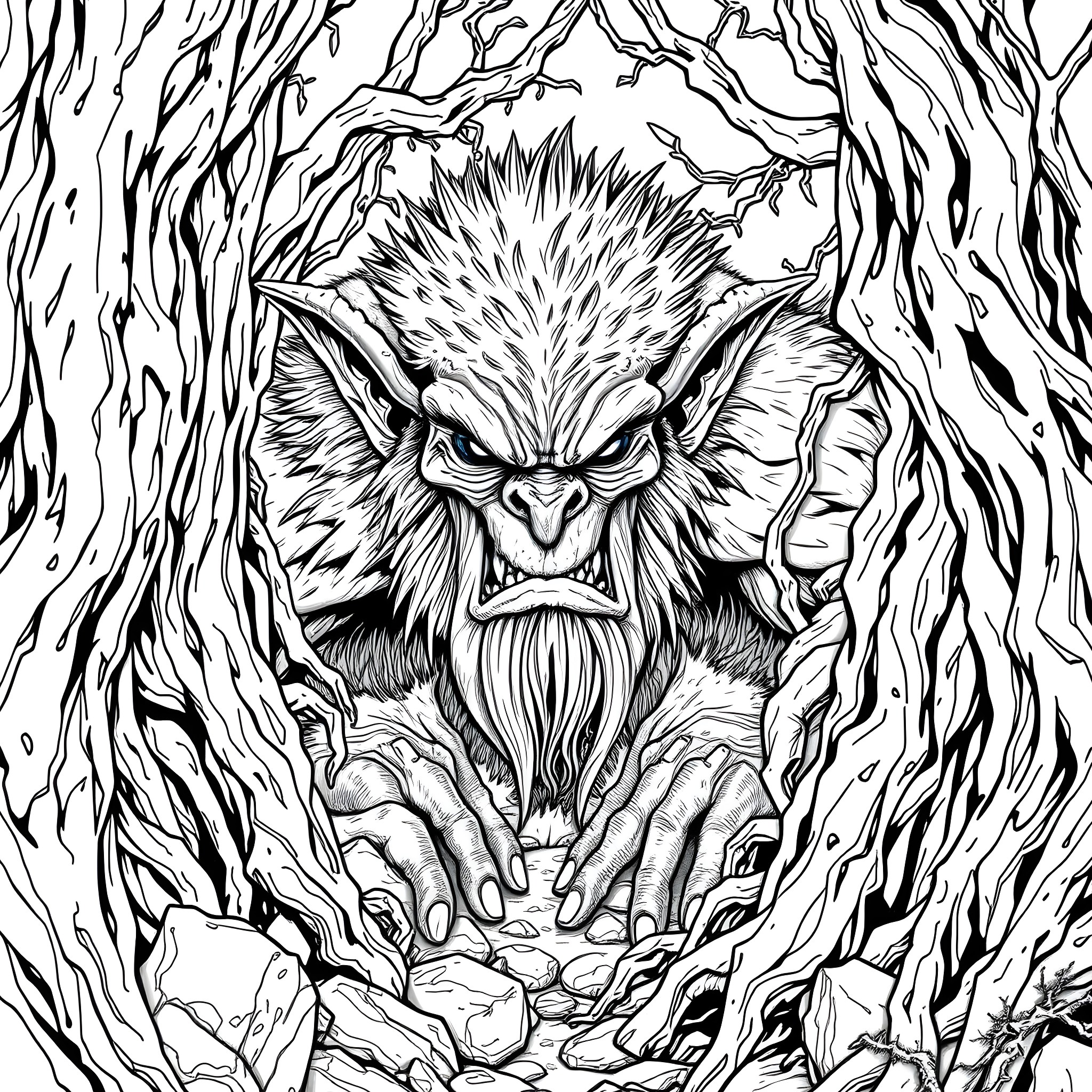 Troll Creature Emerging from Twisted, Gnarled Tree Branches Coloring Page (free black-and-white line drawing printable PDF for all, from beginners to advanced learners, including children, teens, adults, and seniors)