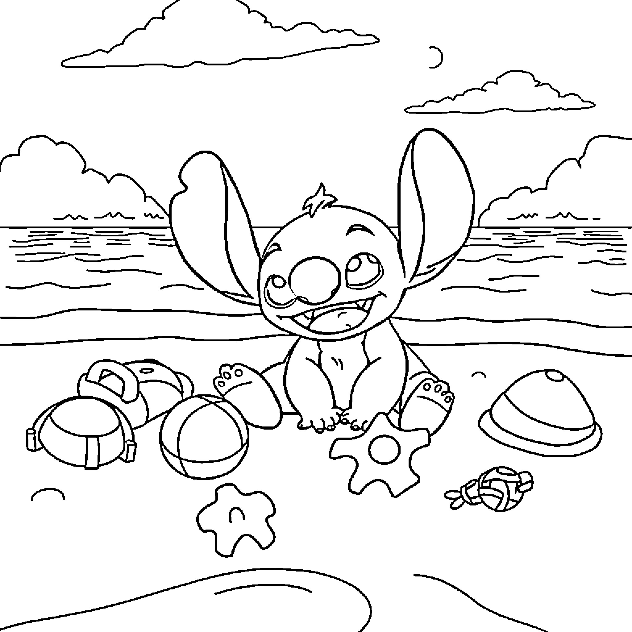 Bluey playing happily on the beach with toys Coloring Page (free black-and-white line drawing printable PDF for all, from beginners to advanced learners, including children, teens, adults, and seniors)