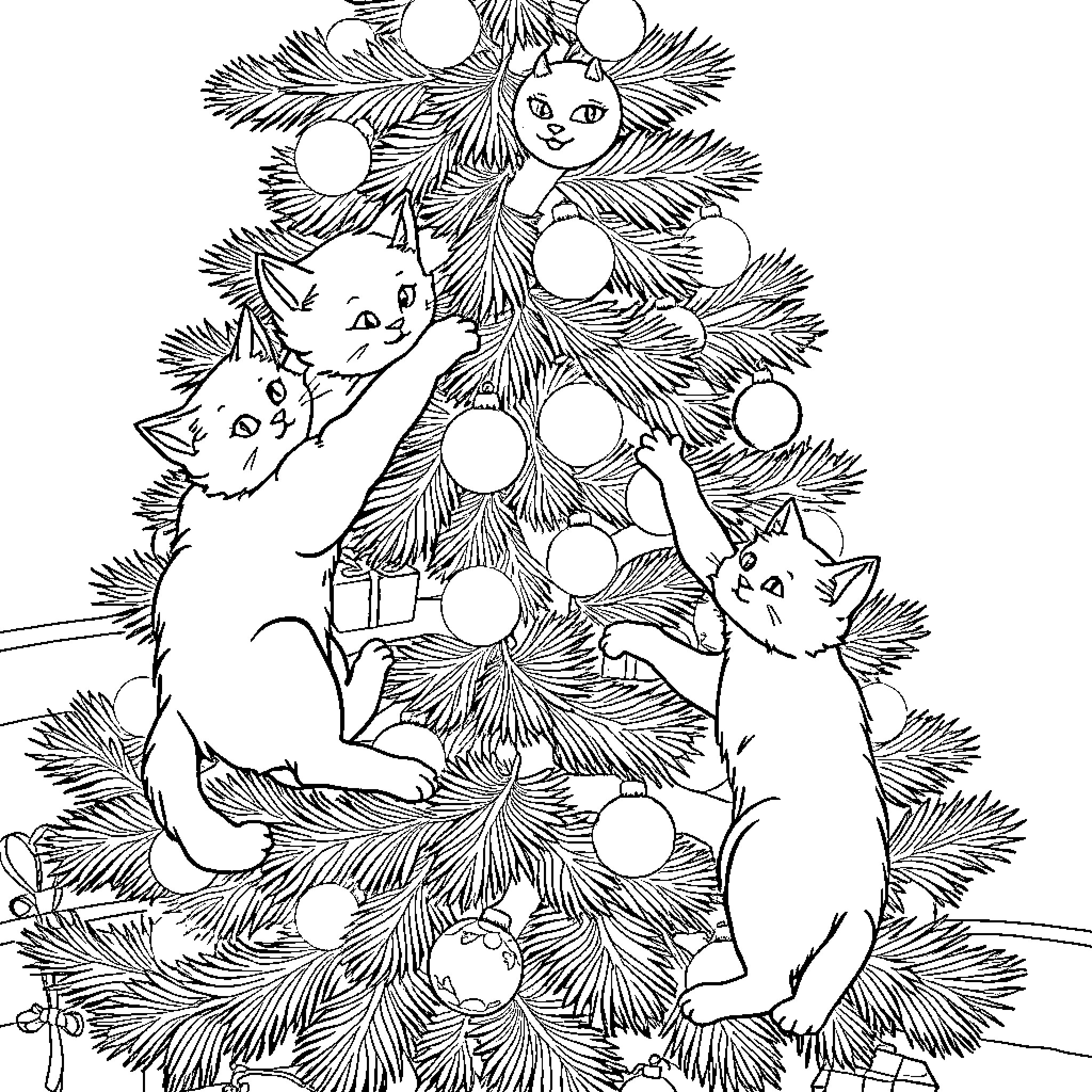 Cats Exploring a Christmas Tree Coloring Page (free black-and-white line drawing printable PDF for all, from beginners to advanced learners, including children, teens, adults, and seniors)
