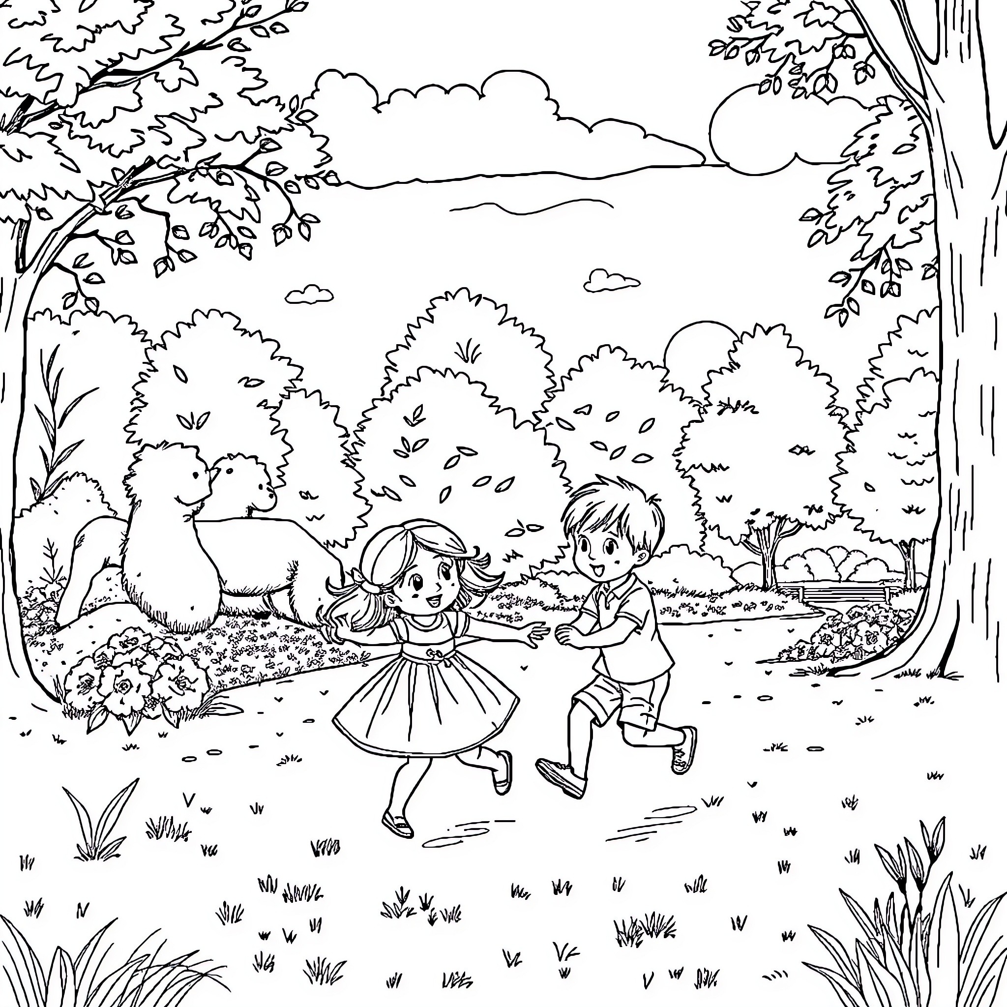 Enfant playing joyfully in a lush countryside Coloring Page (free black-and-white line drawing printable PDF for all, from beginners to advanced learners, including children, teens, adults, and seniors)