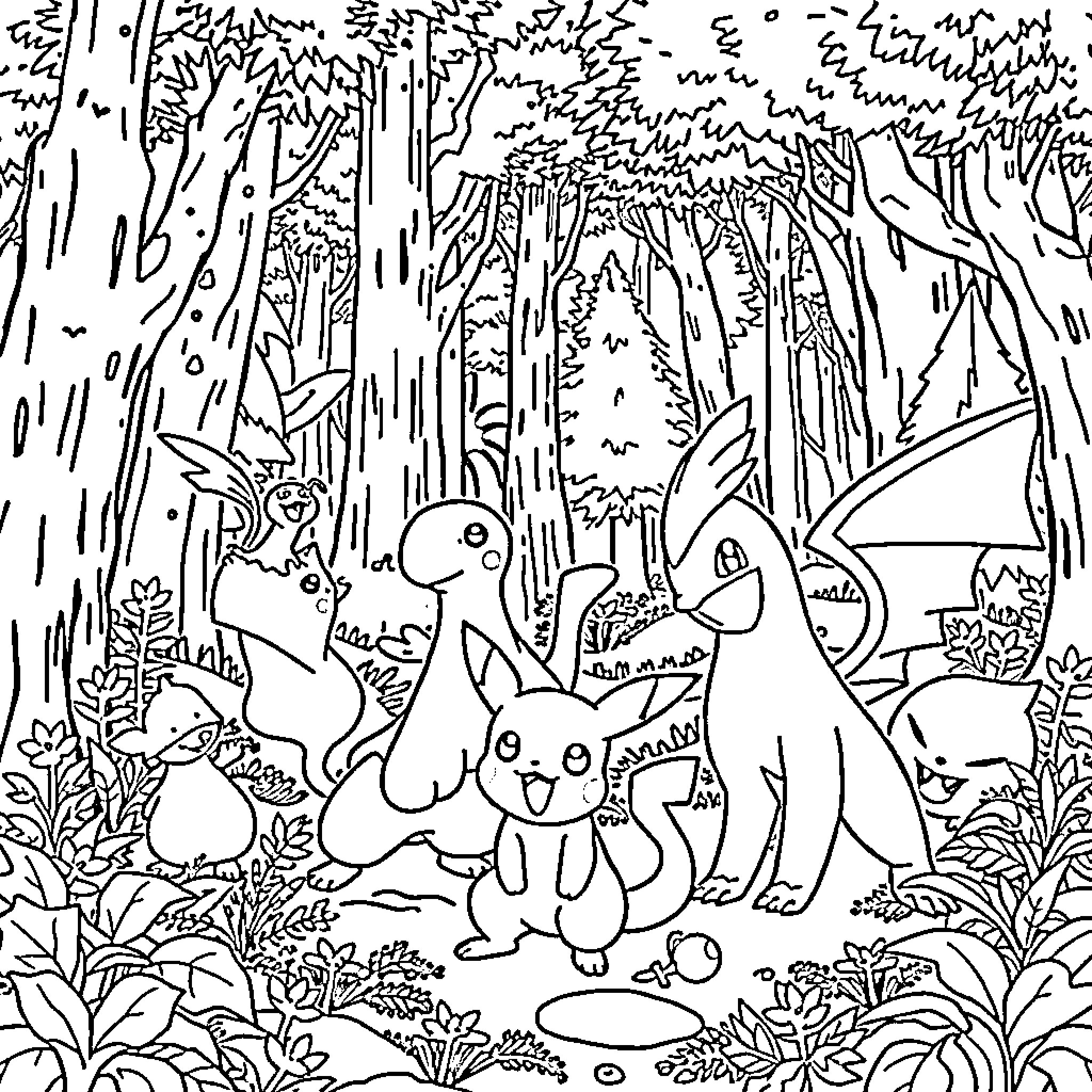 Pokémon characters exploring the forest Coloring Page (free black-and-white line drawing printable PDF for all, from beginners to advanced learners, including children, teens, adults, and seniors)