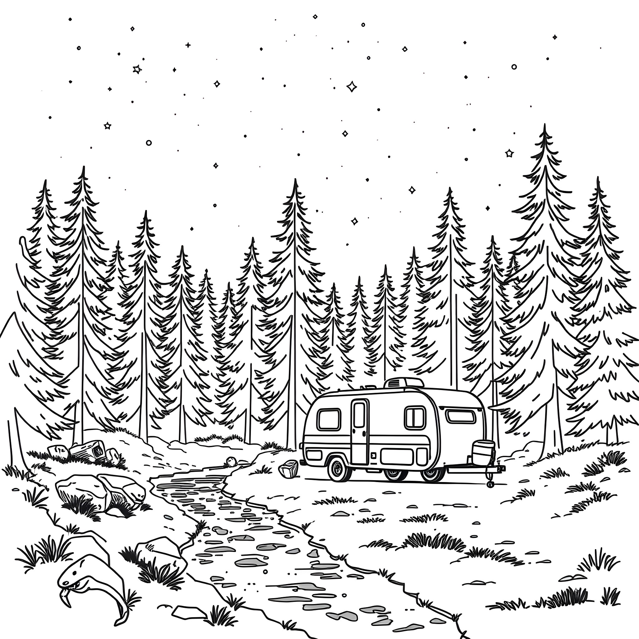 Trailer of a camping adventure in the snowy forest Coloring Page (free black-and-white line drawing printable PDF for all, from beginners to advanced learners, including children, teens, adults, and seniors)
