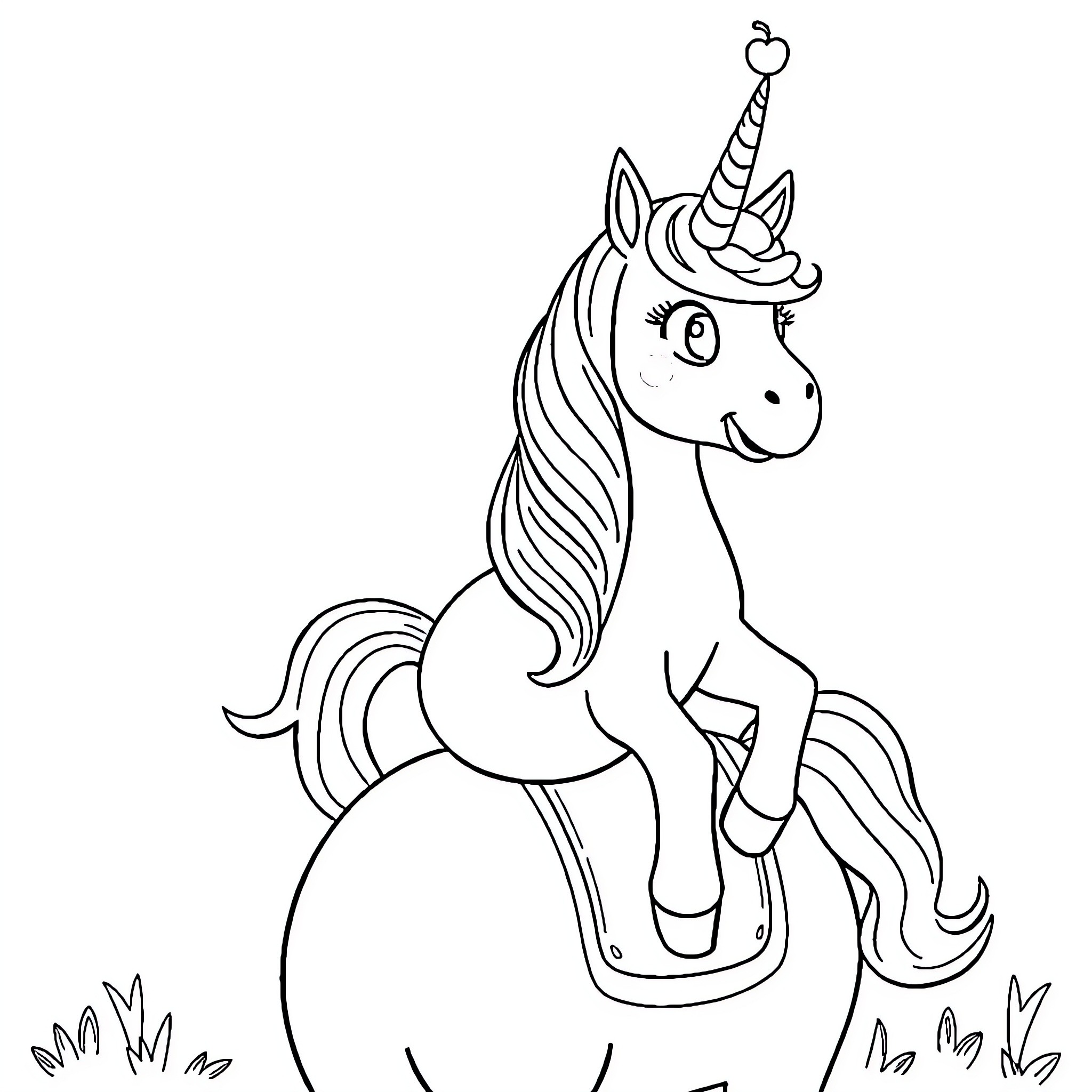 Unicorn playing joyfully in the meadow Coloring Page (free black-and-white line drawing printable PDF for all, from beginners to advanced learners, including children, teens, adults, and seniors)