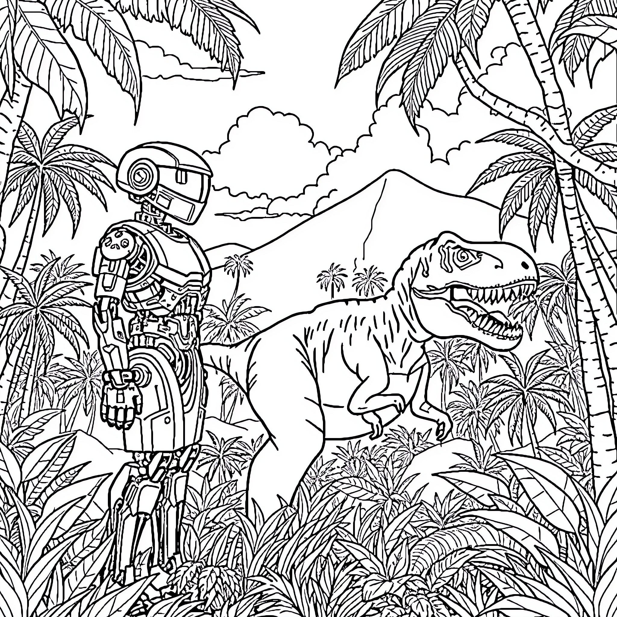 T800 Encounters Prehistoric Robotic Companions in Lush Jungle Landscape Coloring Page (free black-and-white line drawing printable PDF for all, from beginners to advanced learners, including children, teens, adults, and seniors)