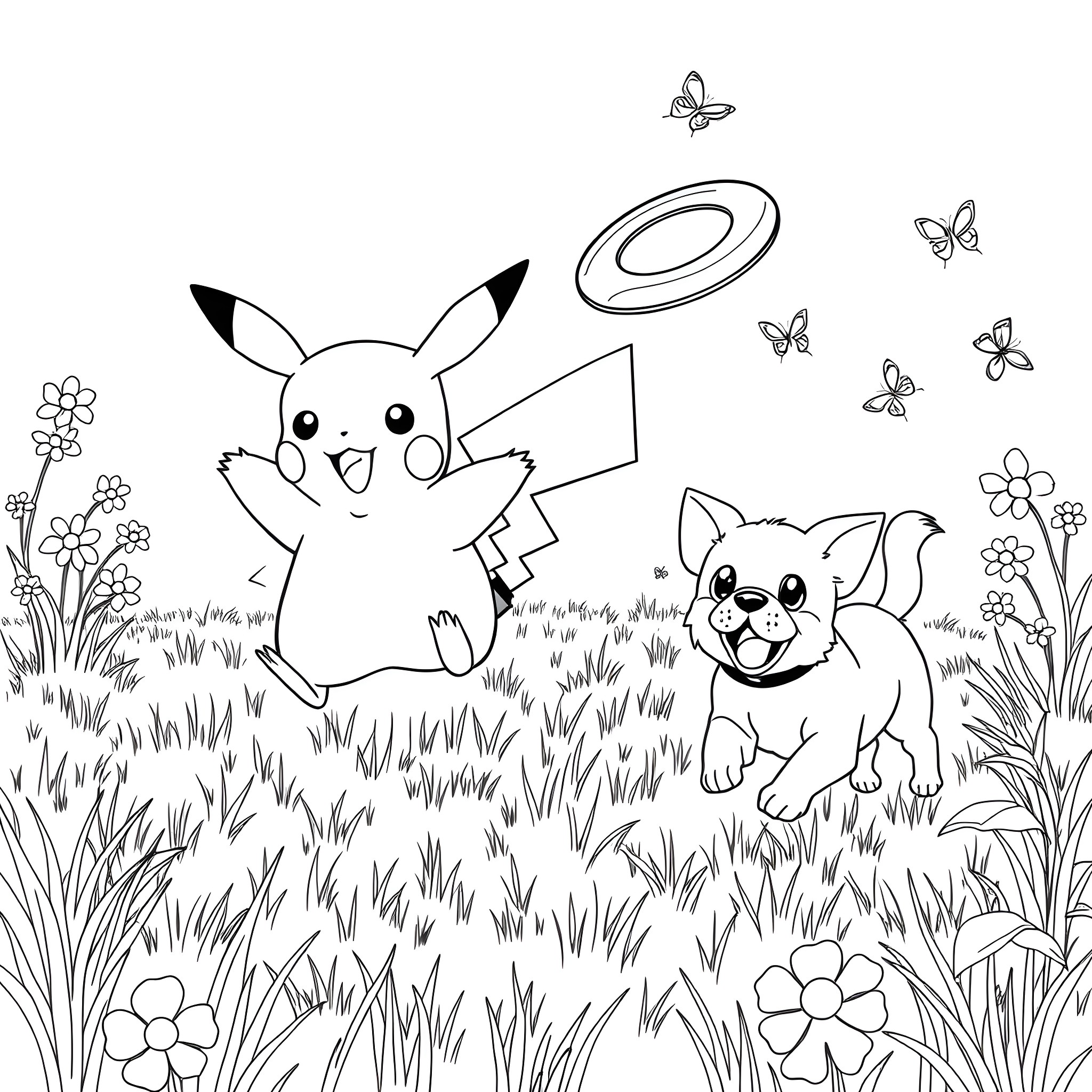 Pikachu playing happily with a puppy in the meadow Coloring Page (free black-and-white line drawing printable PDF for all, from beginners to advanced learners, including children, teens, adults, and seniors)