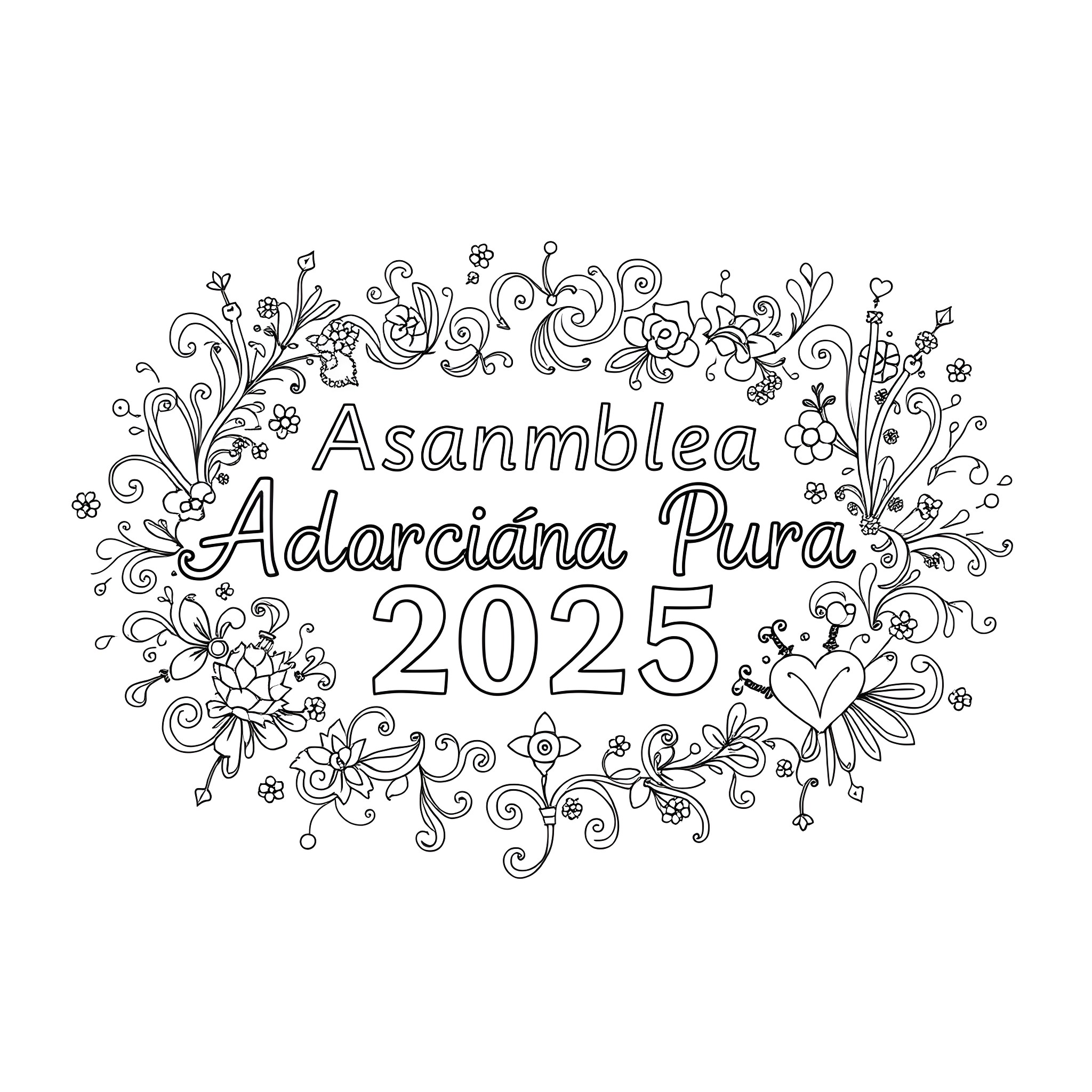 Text with floral ornaments and year 2025 Coloring Page (free black-and-white line drawing printable PDF for all, from beginners to advanced learners, including children, teens, adults, and seniors)