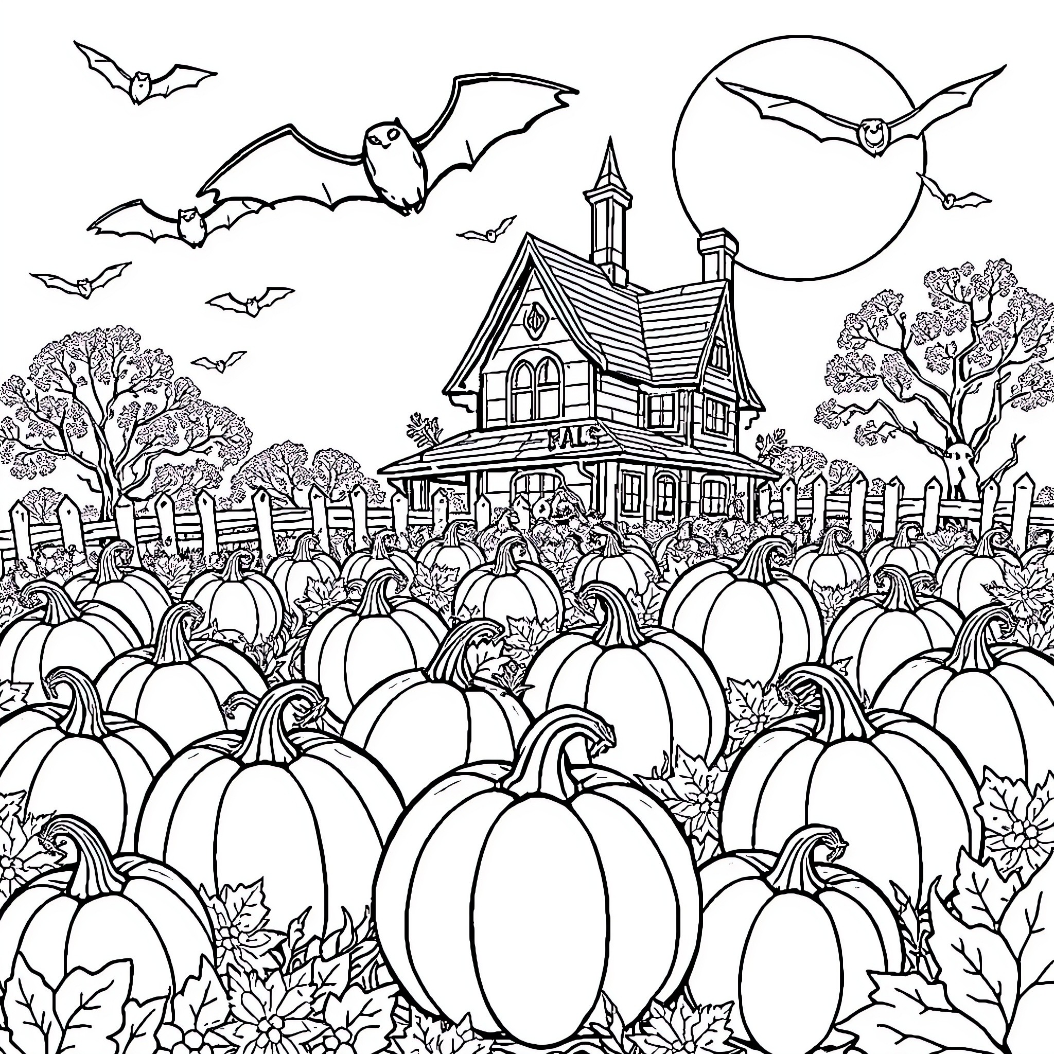 Pumpkin patch with haunted house and bats Coloring Page (free black-and-white line drawing printable PDF for all, from beginners to advanced learners, including children, teens, adults, and seniors)