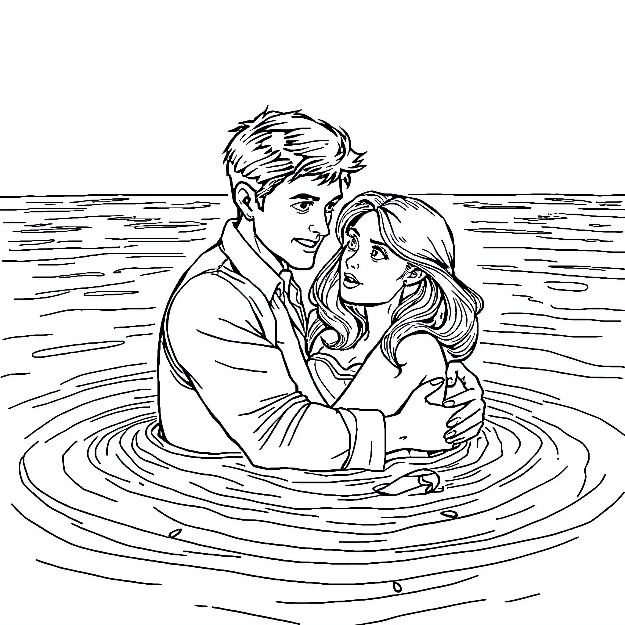 Jack and Jill enjoying the water together Coloring Page (free black-and-white line drawing printable PDF for all, from beginners to advanced learners, including children, teens, adults, and seniors)