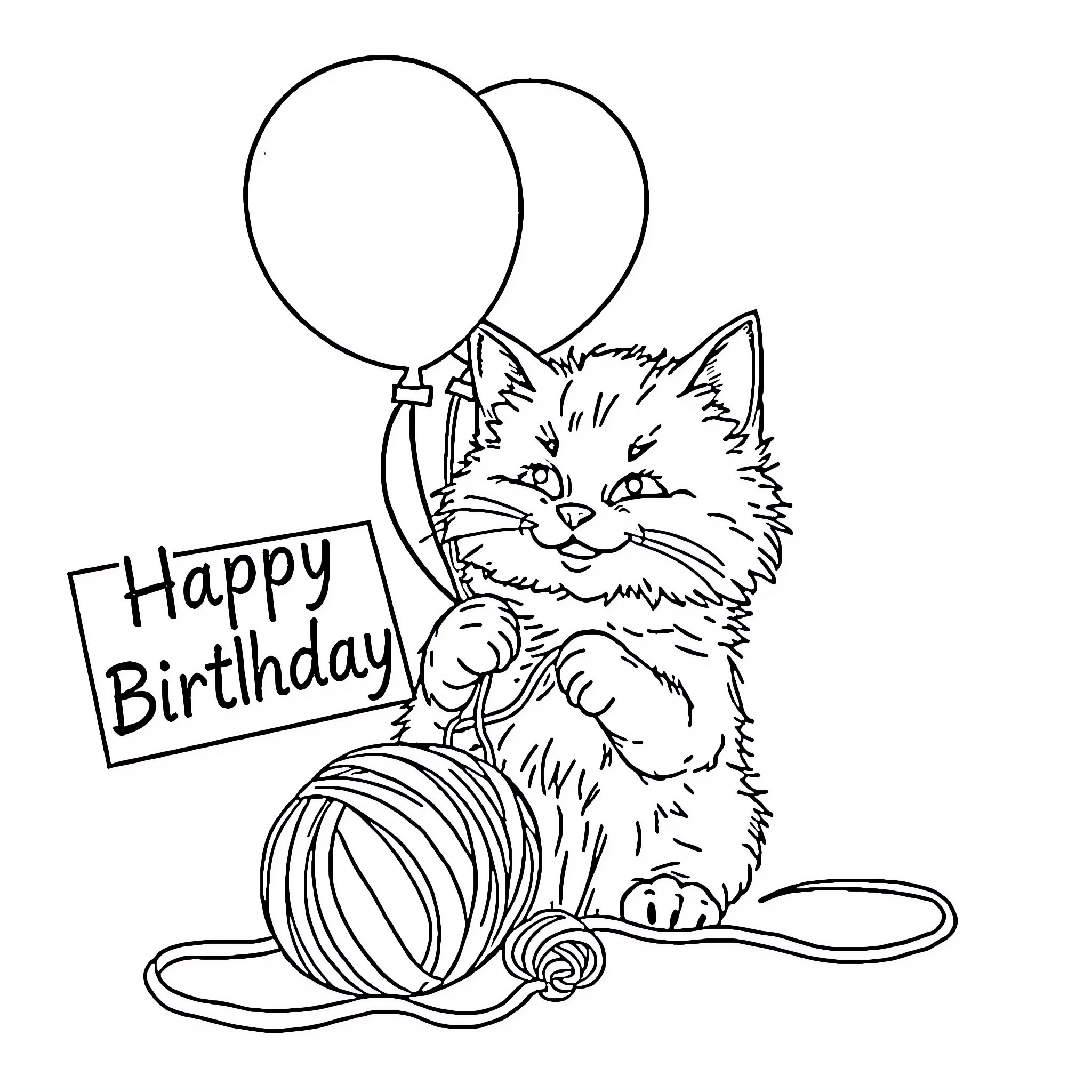 Cat celebrating happy birthday with balloons Coloring Page (free black-and-white line drawing printable PDF for all, from beginners to advanced learners, including children, teens, adults, and seniors)