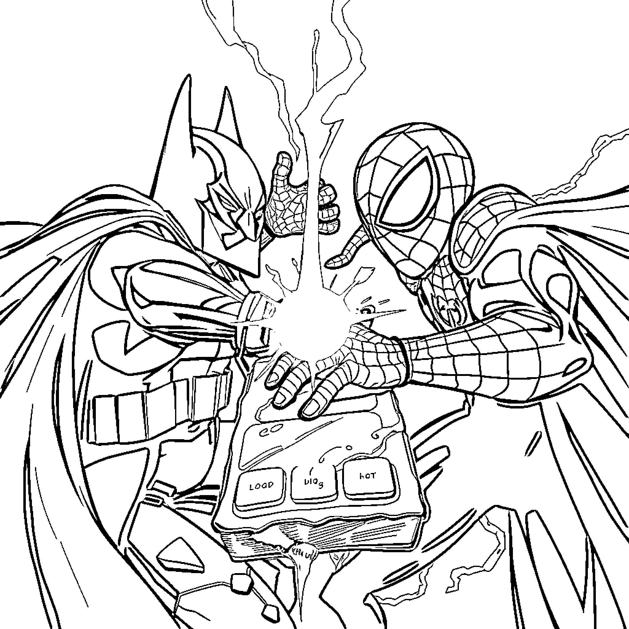 Batman and Spider-Man in an Epic Clash Coloring Page (free black-and-white line drawing printable PDF for all, from beginners to advanced learners, including children, teens, adults, and seniors)