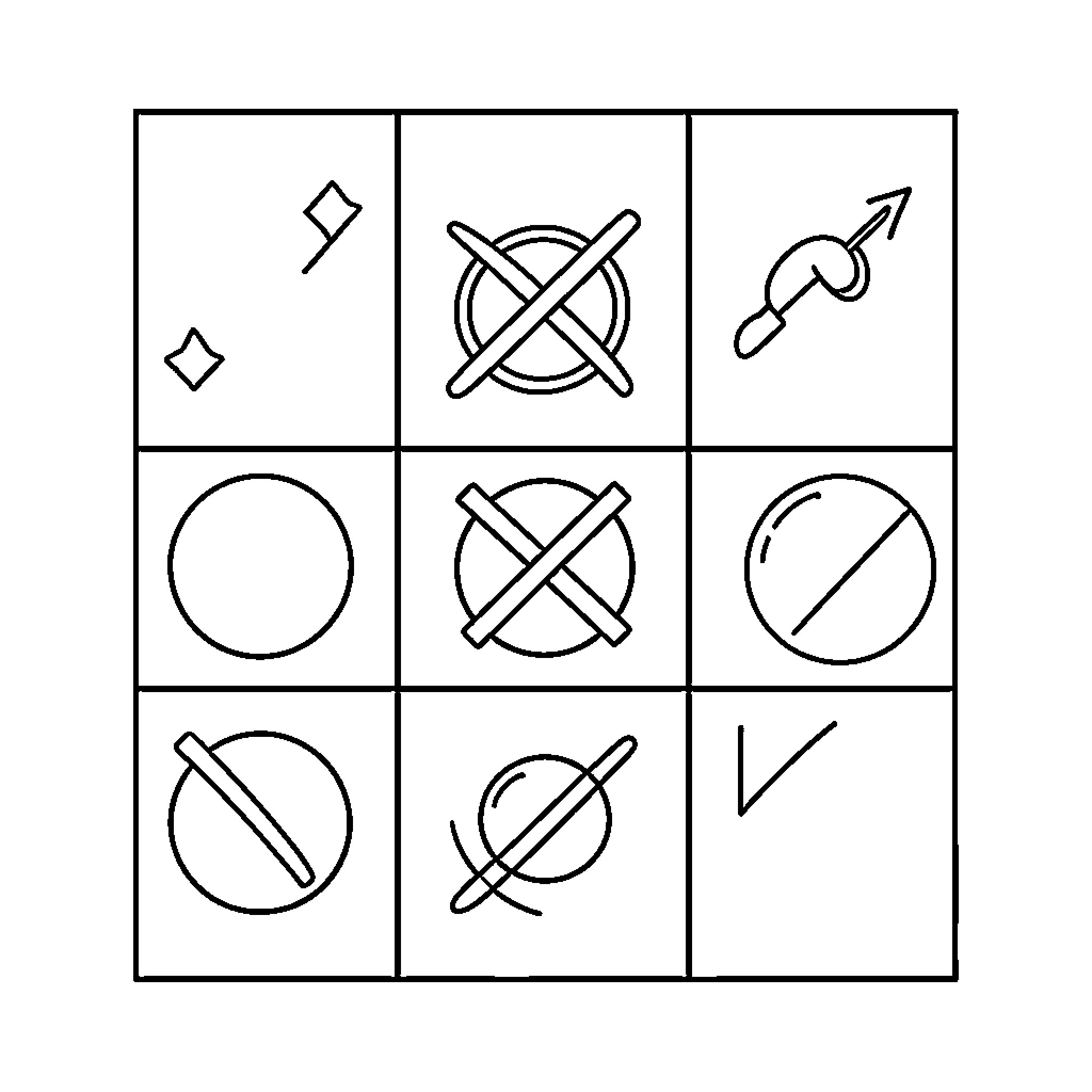 Tic Tac Toe Grid with Abstract Symbols Coloring Page (free black-and-white line drawing printable PDF for all, from beginners to advanced learners, including children, teens, adults, and seniors)