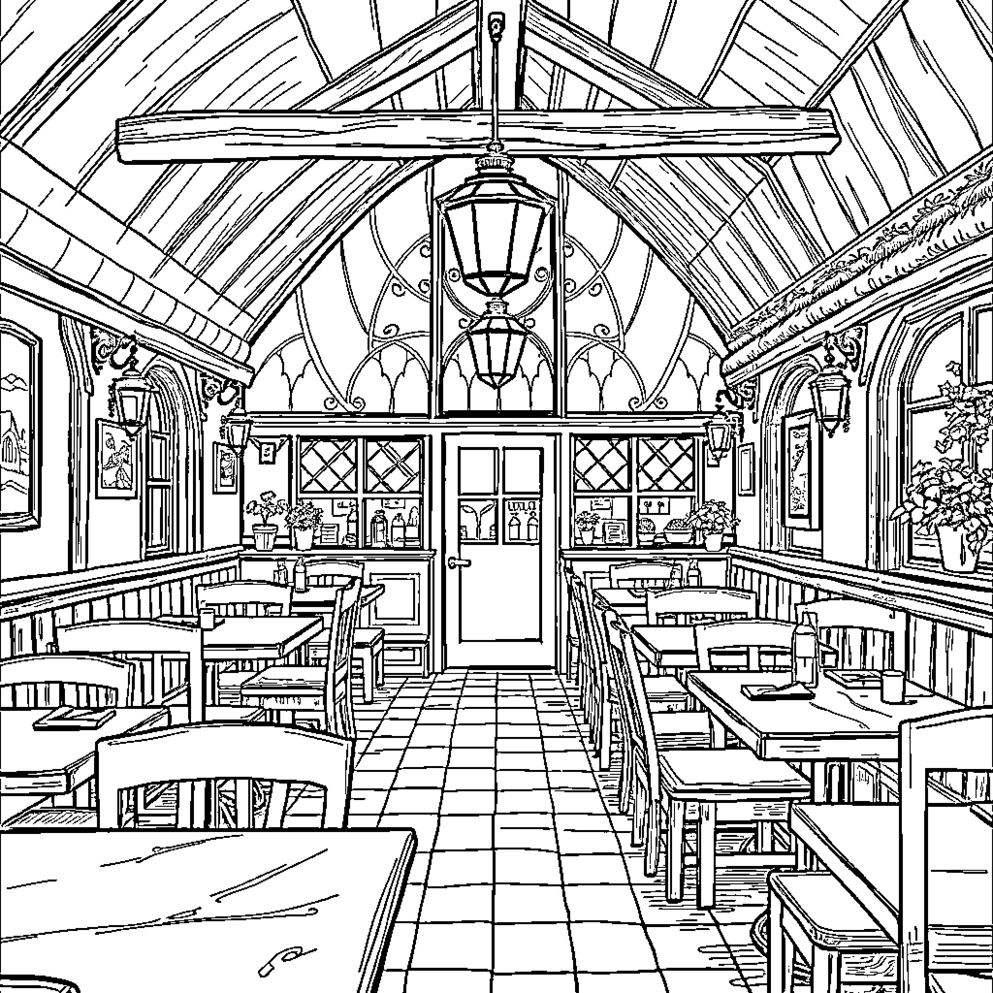 Bavaria's Traditional Dining Hall with Ornate Decor Coloring Page (free black-and-white line drawing printable PDF for all, from beginners to advanced learners, including children, teens, adults, and seniors)