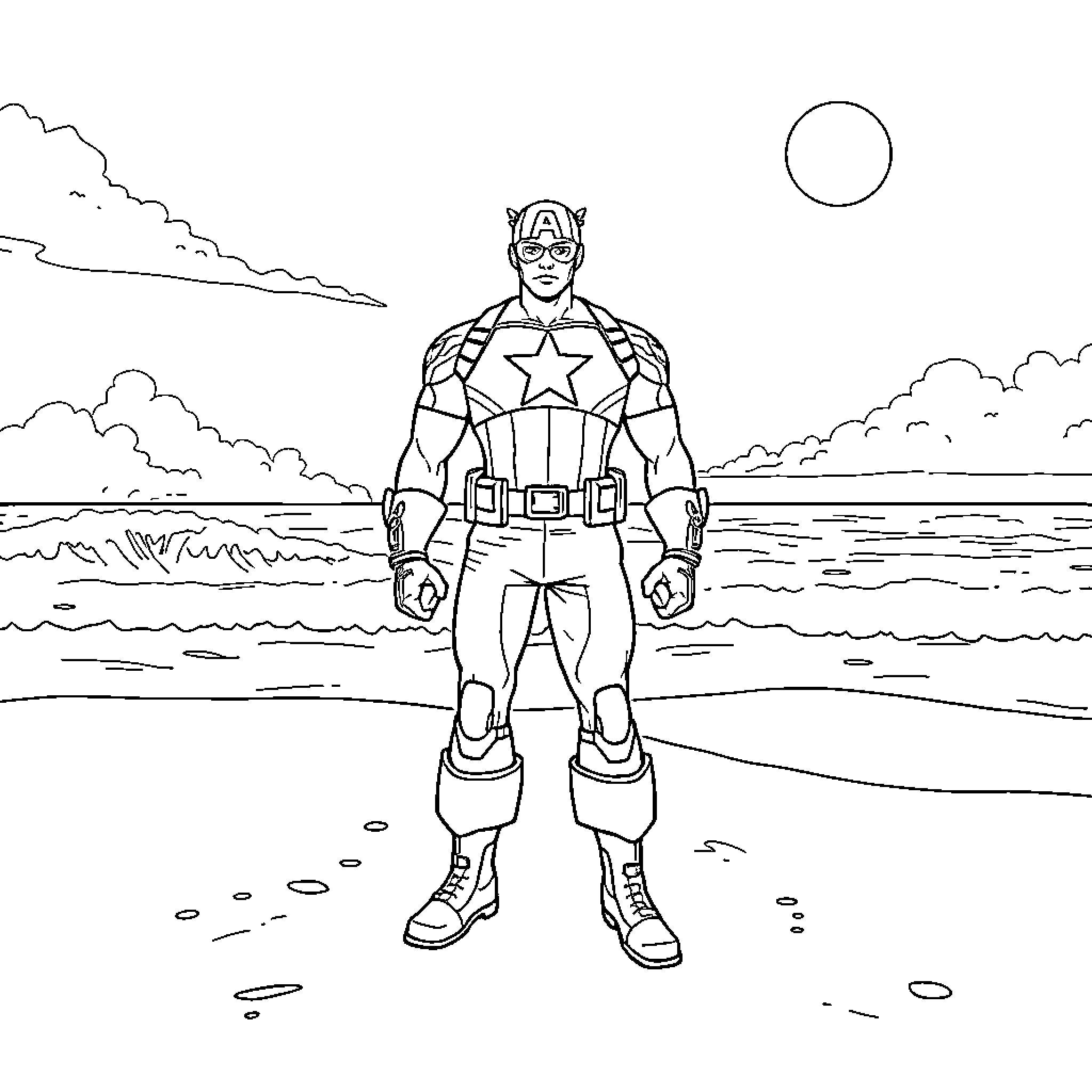 Captain America standing heroically on the beach Coloring Page (free black-and-white line drawing printable PDF for all, from beginners to advanced learners, including children, teens, adults, and seniors)