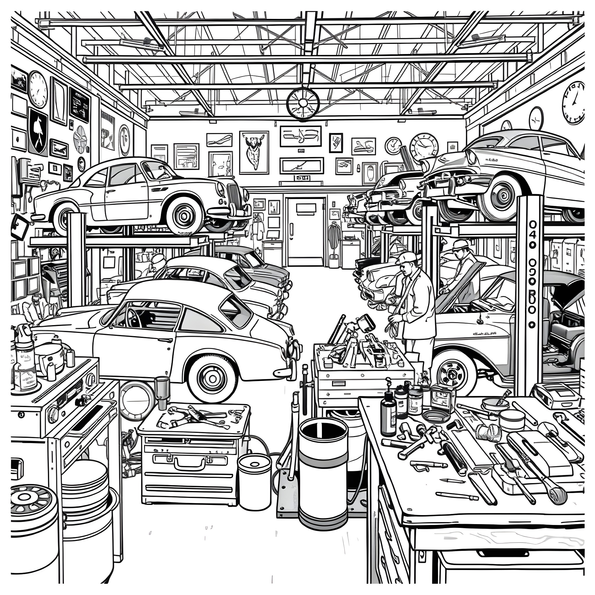 Gas Monkey Garage Full of Classic Cars and Tools Coloring Page (free black-and-white line drawing printable PDF for all, from beginners to advanced learners, including children, teens, adults, and seniors)