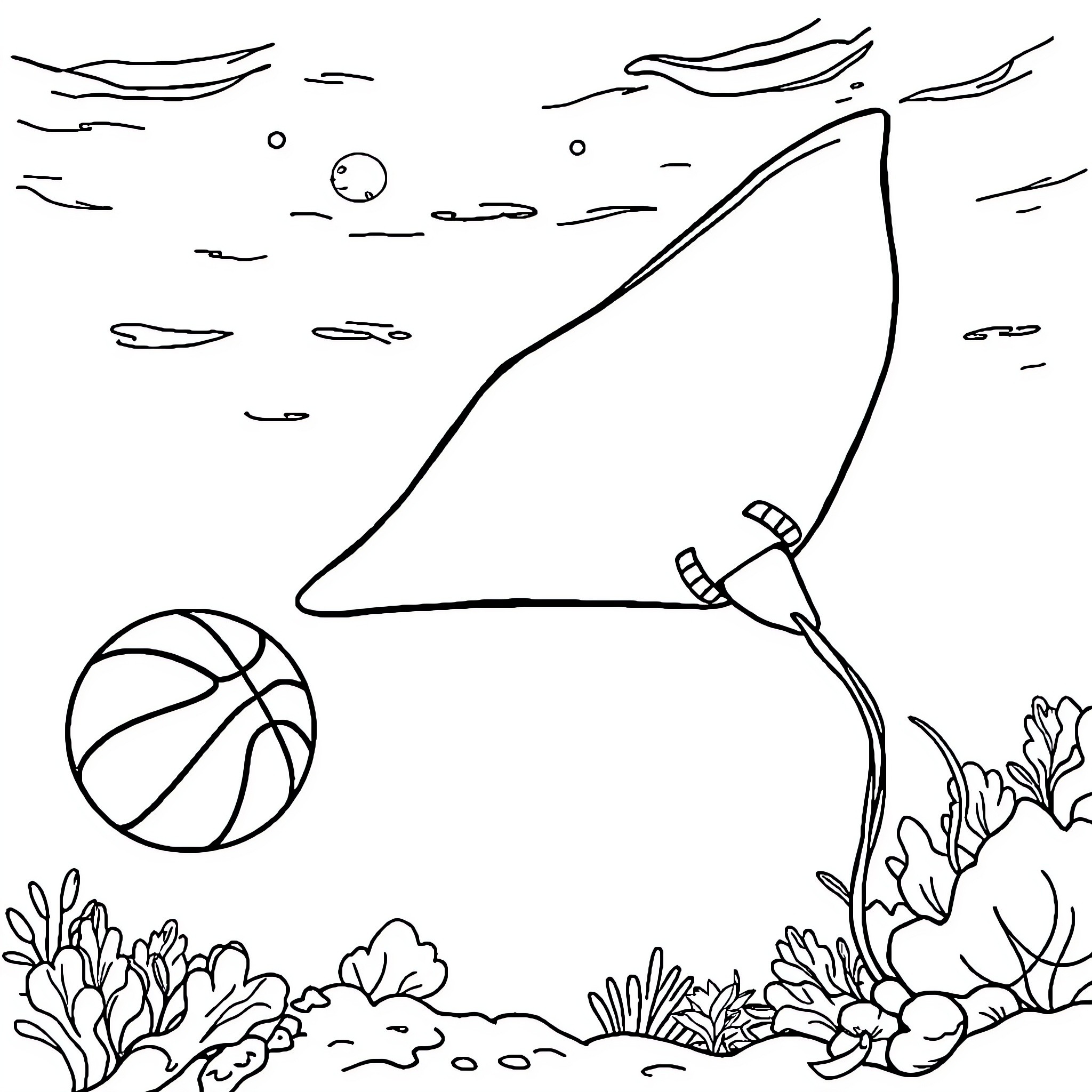 Stingray swimming with basketball Coloring Page (free black-and-white line drawing printable PDF for all, from beginners to advanced learners, including children, teens, adults, and seniors)