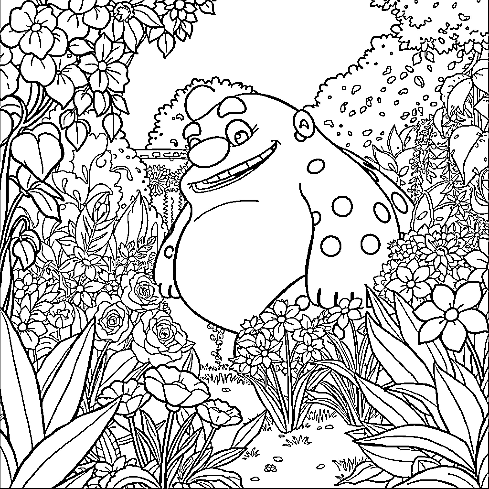 Jumbo Josh's Playful Garden Adventure Coloring Page (free black-and-white line drawing printable PDF for all, from beginners to advanced learners, including children, teens, adults, and seniors)