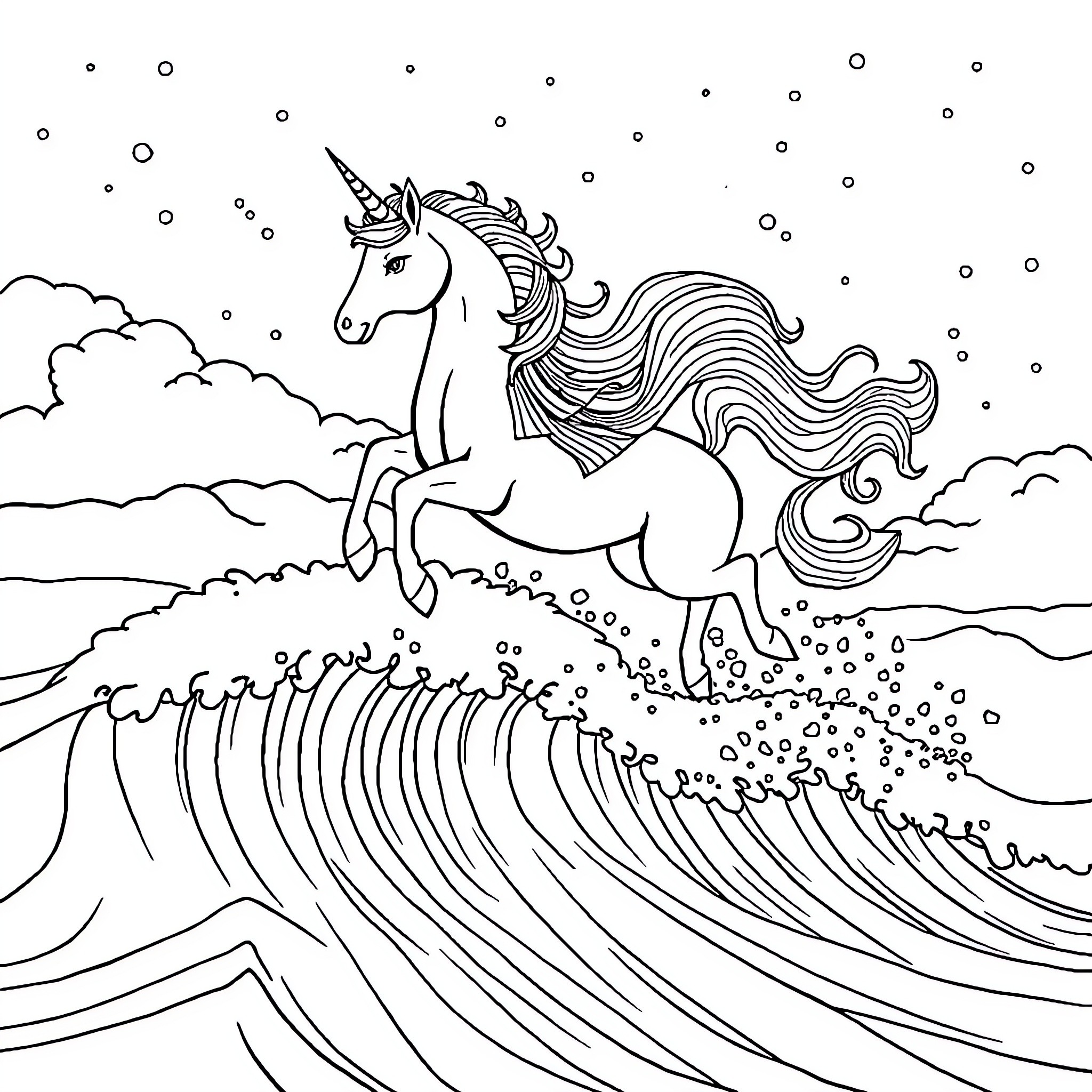Unicorn galloping over magical waves Coloring Page (free black-and-white line drawing printable PDF for all, from beginners to advanced learners, including children, teens, adults, and seniors)