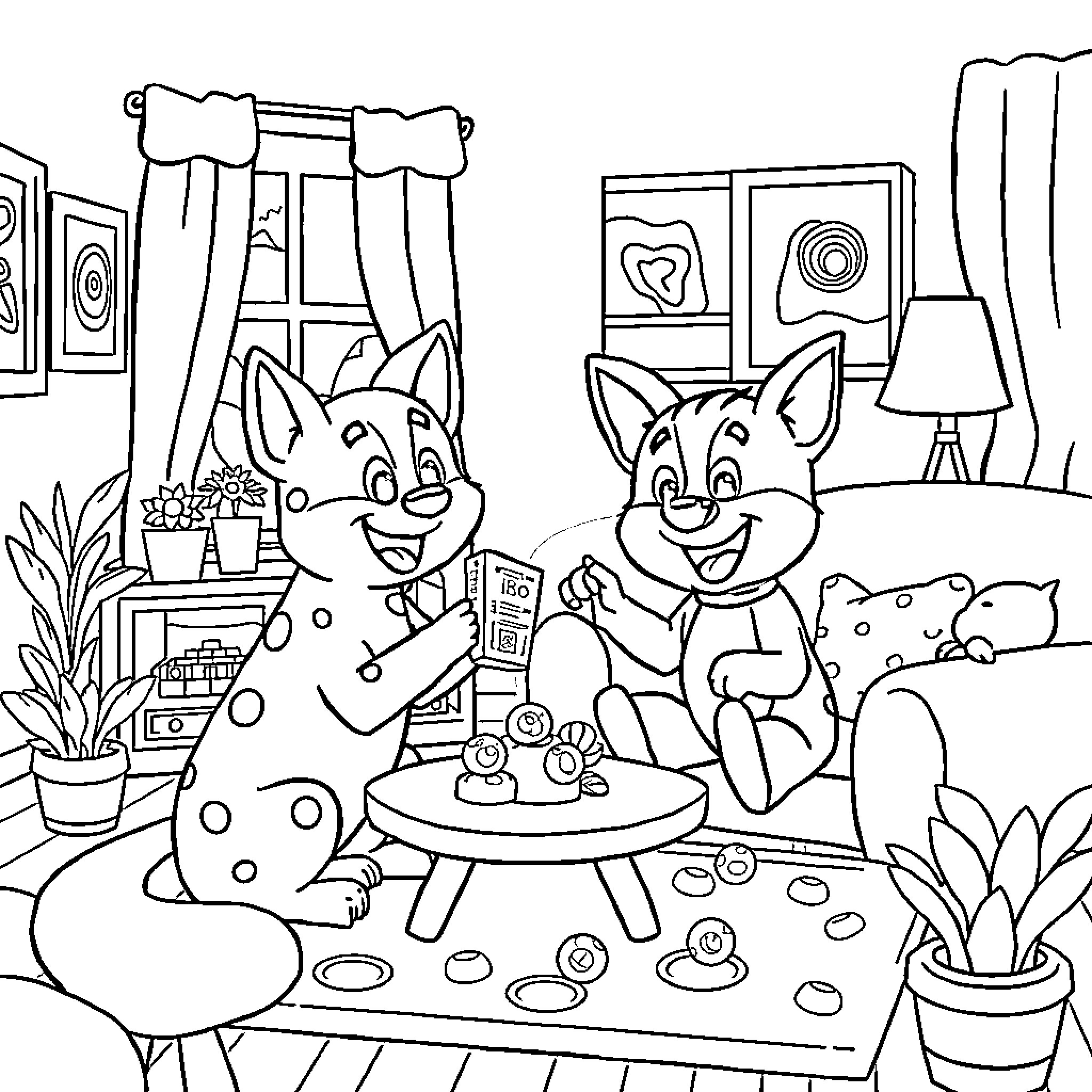 Bluey's Playful Gathering with Friends Coloring Page (free black-and-white line drawing printable PDF for all, from beginners to advanced learners, including children, teens, adults, and seniors)